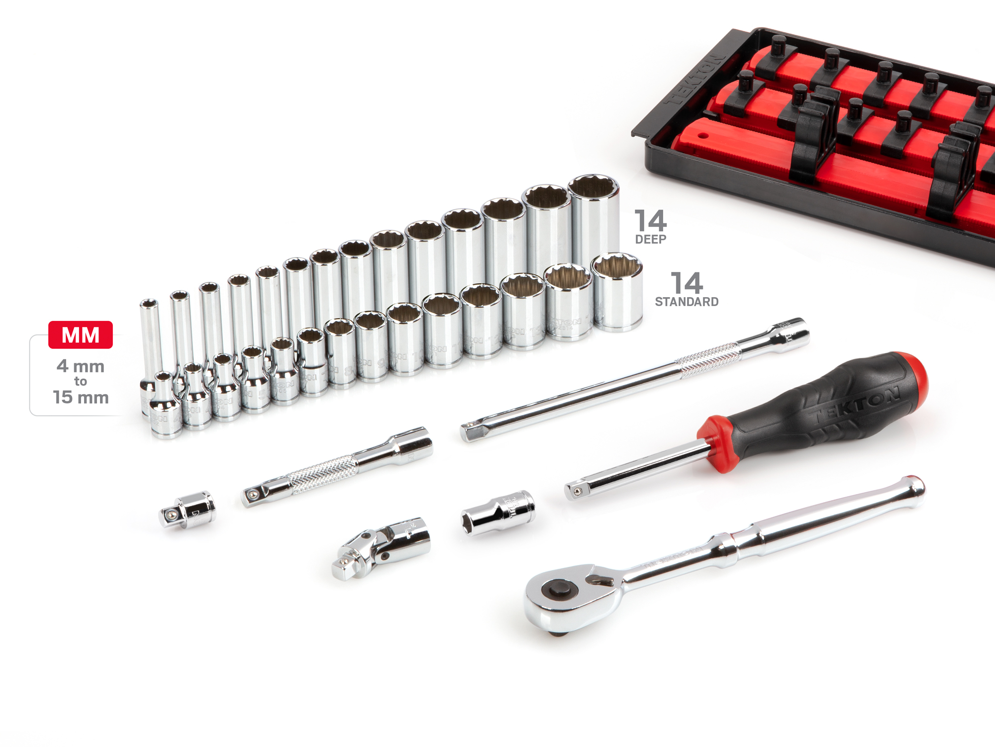 Set includes 4–15 mm (metric) 12-point standard and deep sockets, 90-tooth ratchet, spinner handle, universal joint, magnetic hex bit holder, extensions, and organization rails and tray. No skipped sizes. SKT03202.