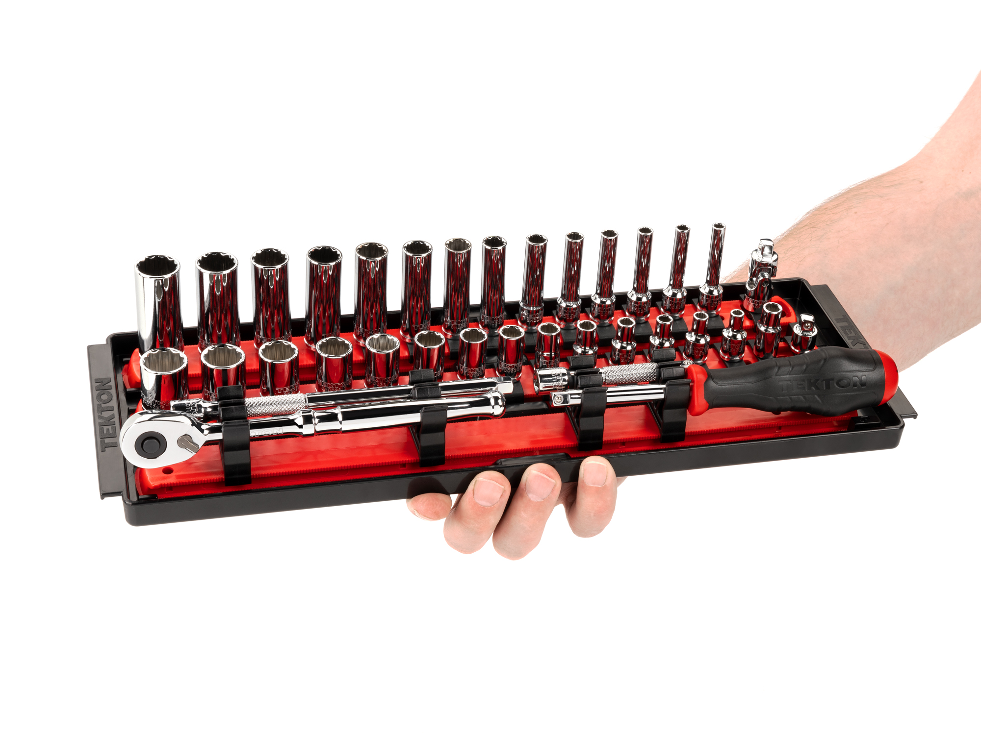 Set includes 4–15 mm (metric) 12-point standard and deep sockets, 90-tooth ratchet, spinner handle, universal joint, magnetic hex bit holder, extensions, and organization rails and tray. No skipped sizes. SKT03202.