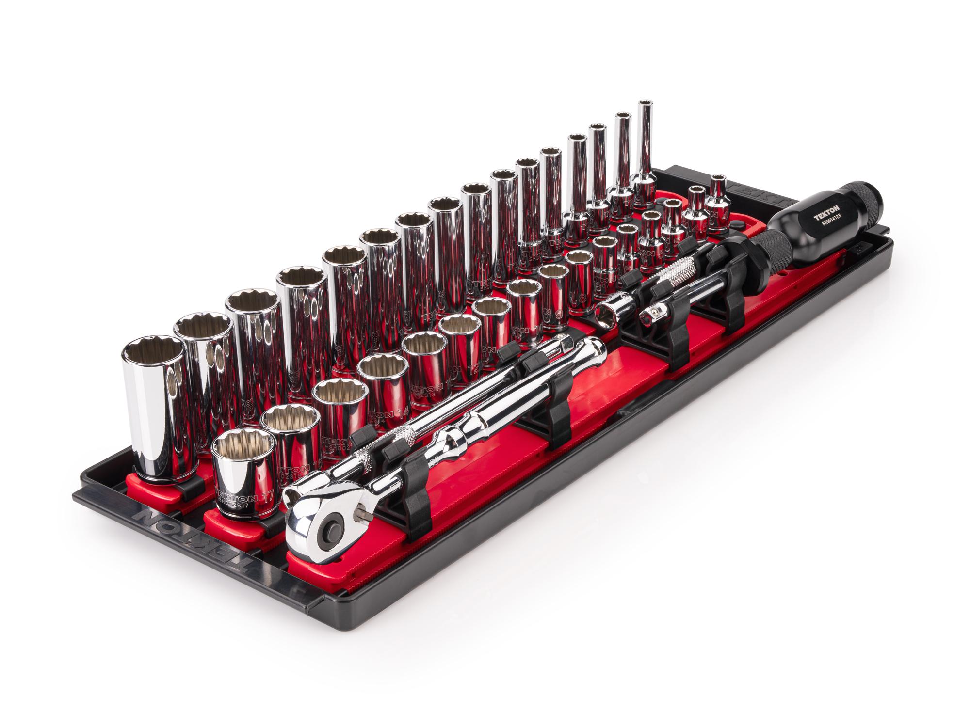 TEKTON 1/4 Inch Drive Shallow and Deep 12-Point Socket and Ratchet Set with Rails and Tray, 39-Piece (4 - 17 mm)