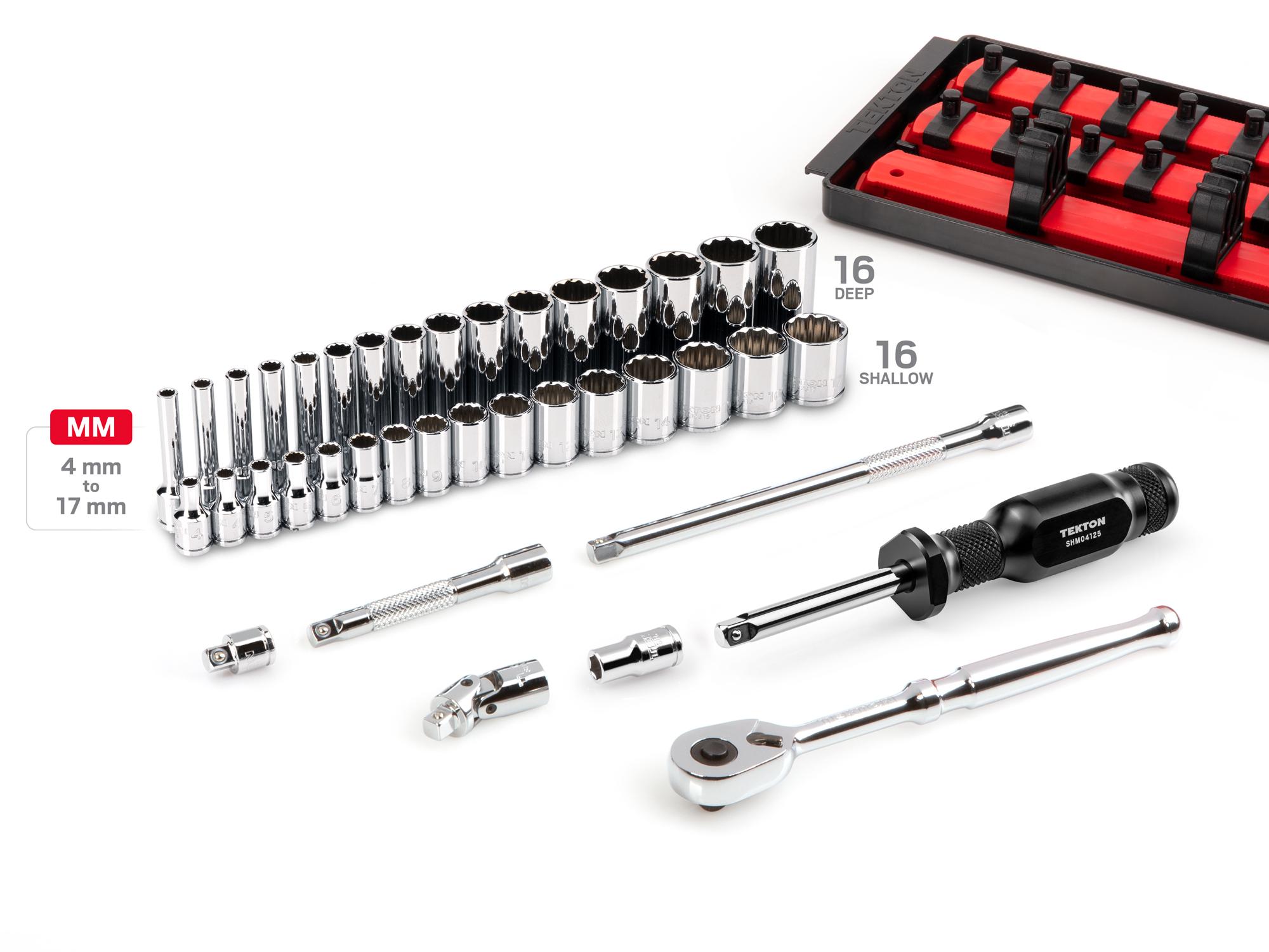 Laid out contents of Tekton rail hand drive 12-point socket set. Item #SKT03204