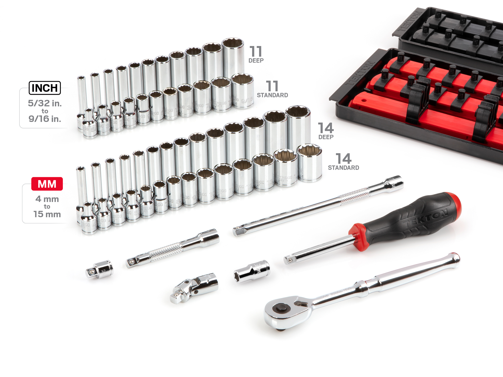 Set includes 5/32–9/16 inch (SAE) and 4–15 mm (metric) 12-point standard and deep sockets, 90-tooth ratchet, spinner handle, universal joint, magnetic hex bit holder, extensions, and organization rails and trays. No skipped sizes. SKT03302.