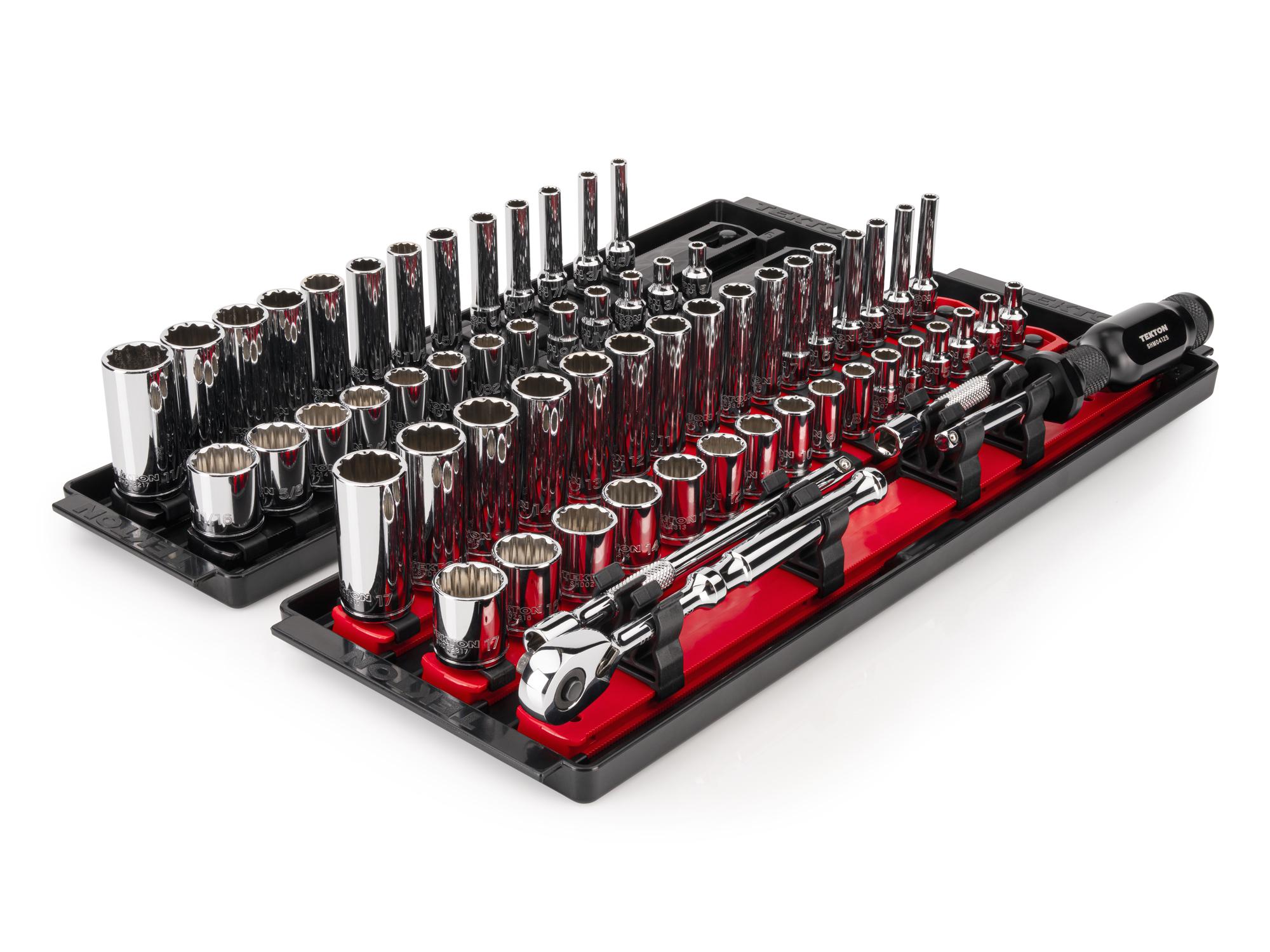 TEKTON 1/4 Inch Drive Shallow and Deep 12-Point Socket and Ratchet Set with Rails and Trays, 65-Piece (5/32 - 11/16 in., 4 - 17 mm)