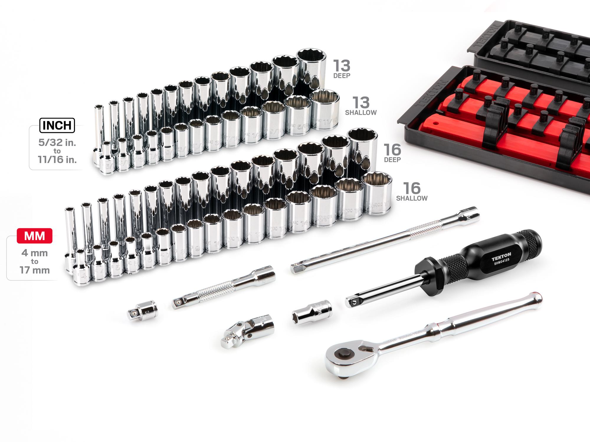 Laid out contents of Tekton rail hand drive 12-point socket set. Item #SKT03304