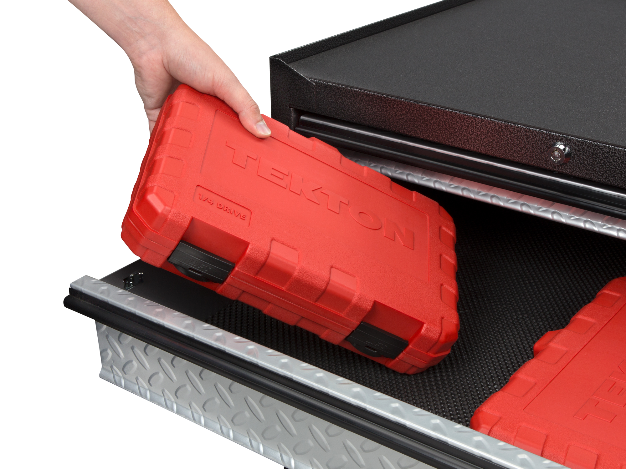 Front angled view of Tekton case hand drive 12-point socket set in a tool cabinet drawer. Item #SKT05302