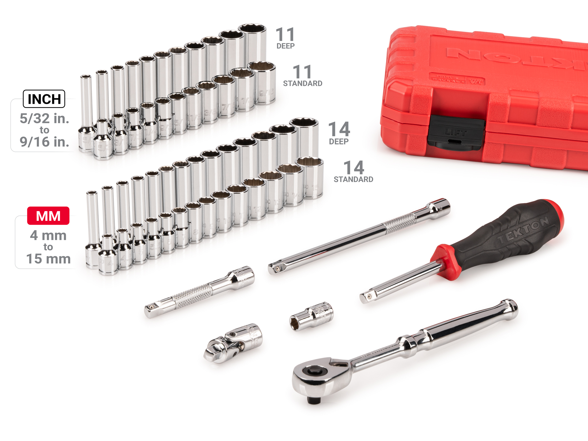 Includes: 5/32-9/16 inch (SAE), 4-14 mm (Metric) 12-point standard and deep sockets, ratchet, extensions, magnetic hex bit holder, u-joint, spinner handle, and case. No skipped sizes. SKT05304.