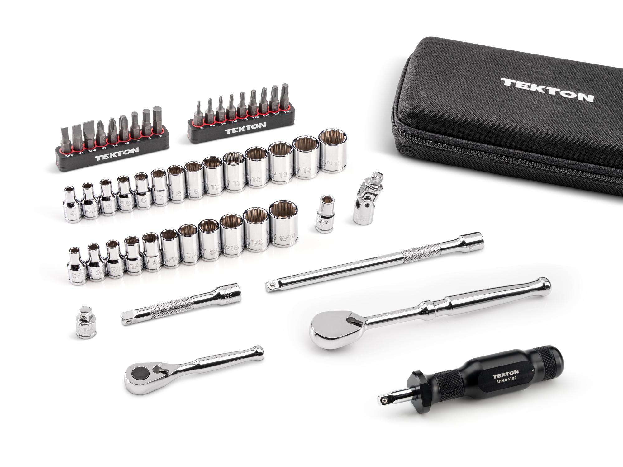 Laid out contents of Tekton case hand drive 12-point socket set. Item #SKT07913