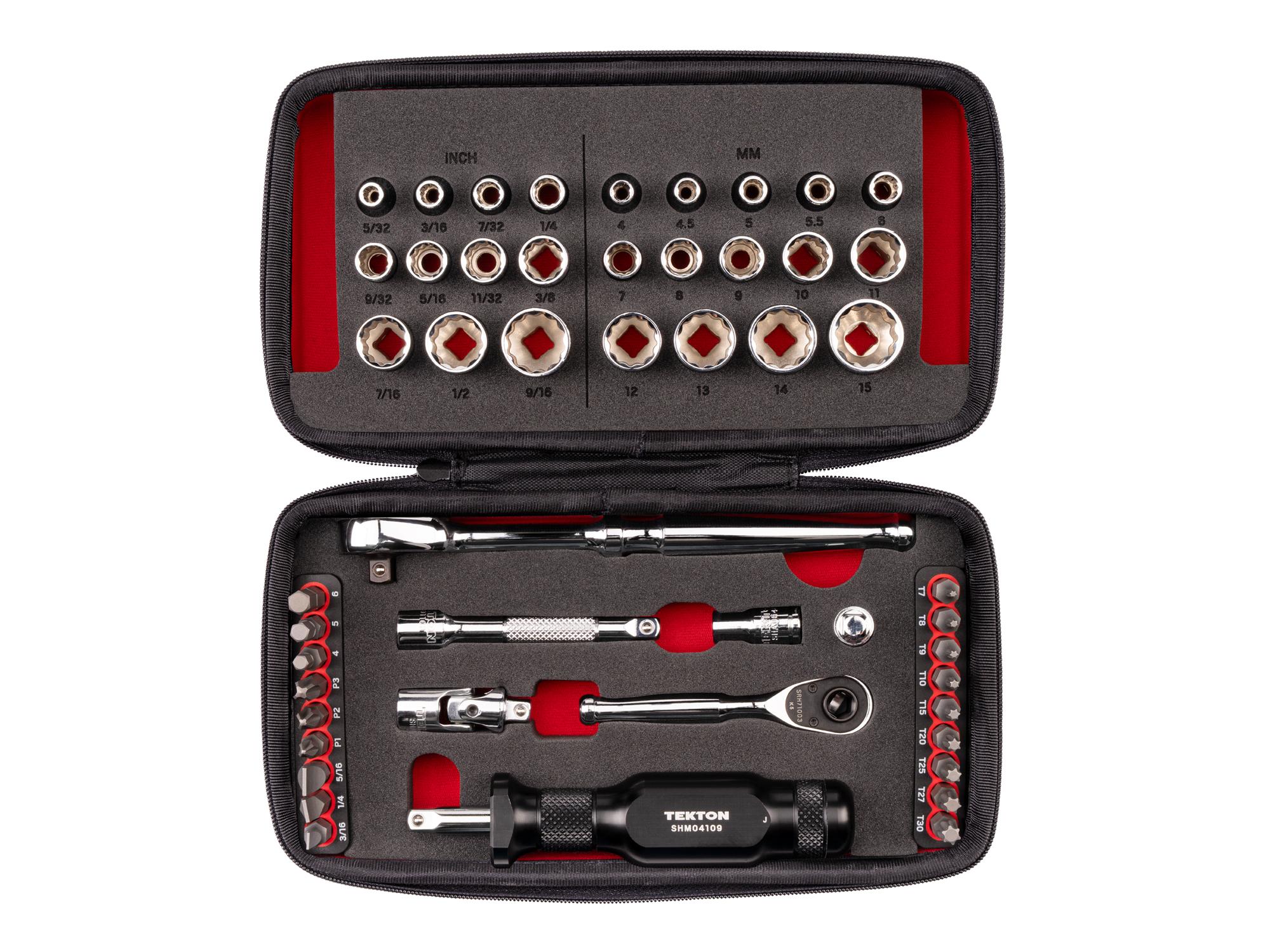 TEKTON 1/4 Inch Drive 12-Point Small Engine Shallow Socket, Bit, Non-Quick-Release Ratchet, and Spinner Handle Set with Case (50-Piece)