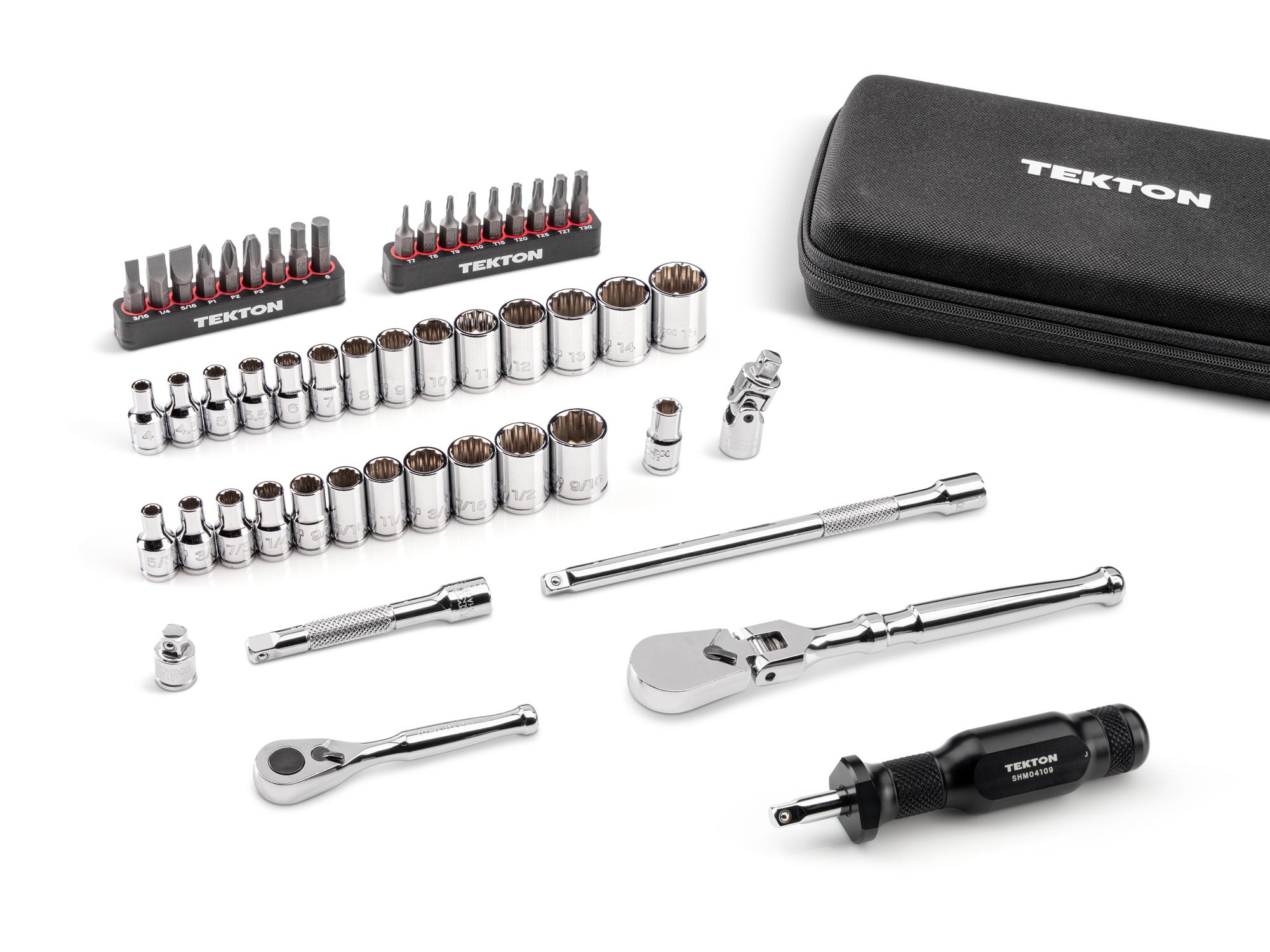 Laid out contents of Tekton case hand drive 12-point socket set. Item #SKT07915