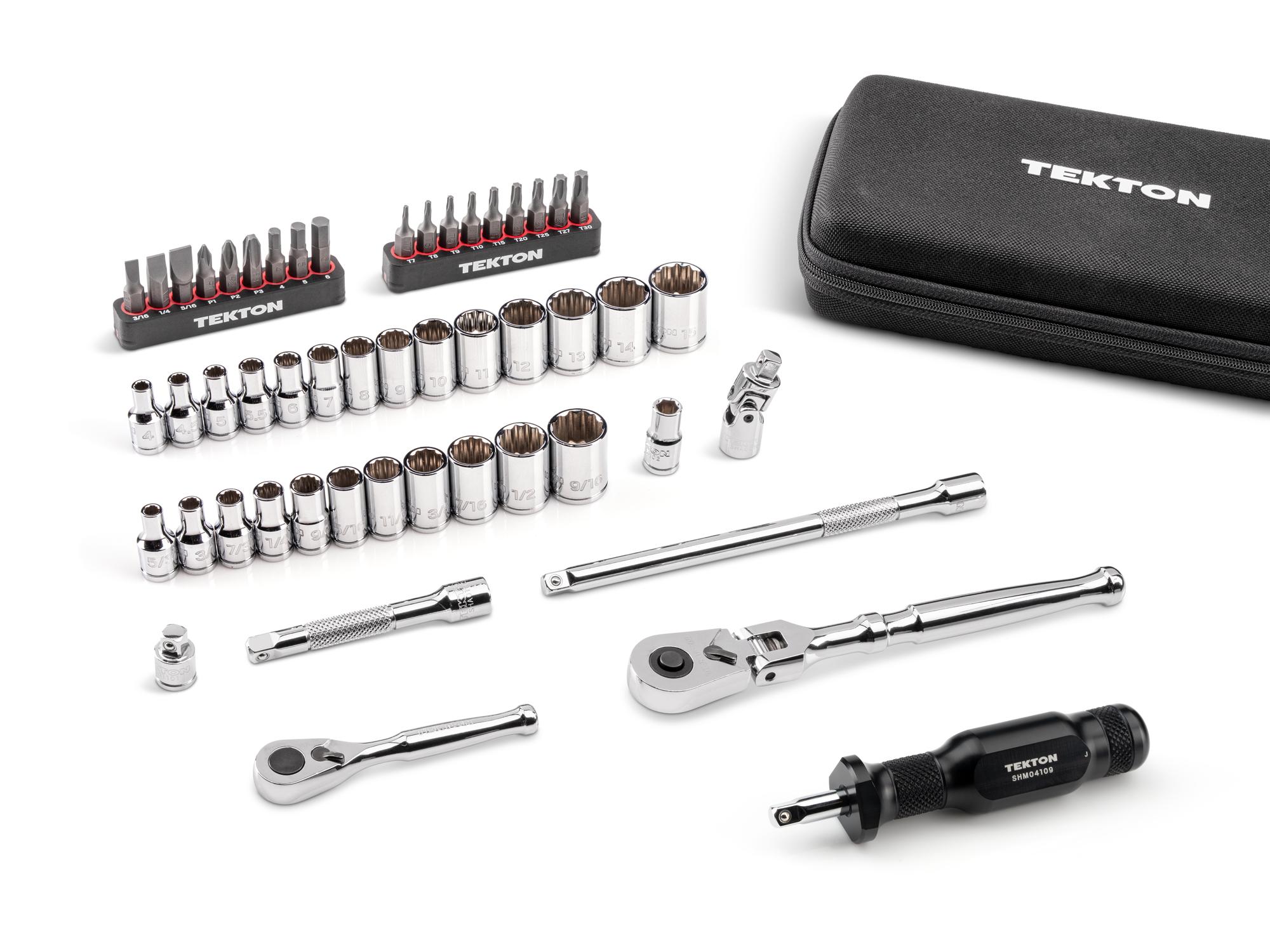 Laid out contents of Tekton case hand drive 12-point socket set. Item #SKT07916