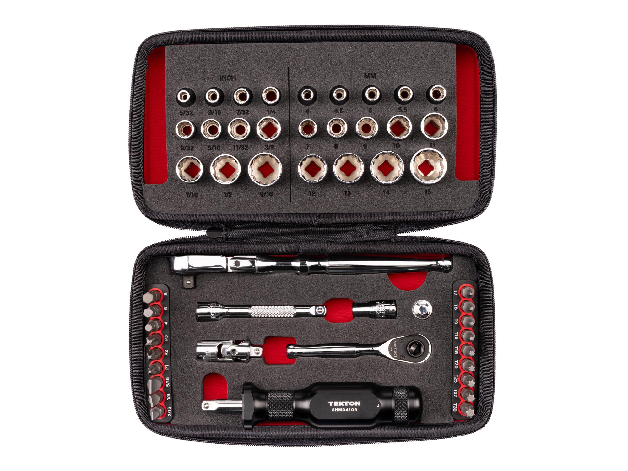 TEKTON 1/4 Inch Drive 12-Point Small Engine Shallow Socket, Bit, Flex Head Quick-Release Ratchet, and Spinner Handle Set with Case (50-Piece)
