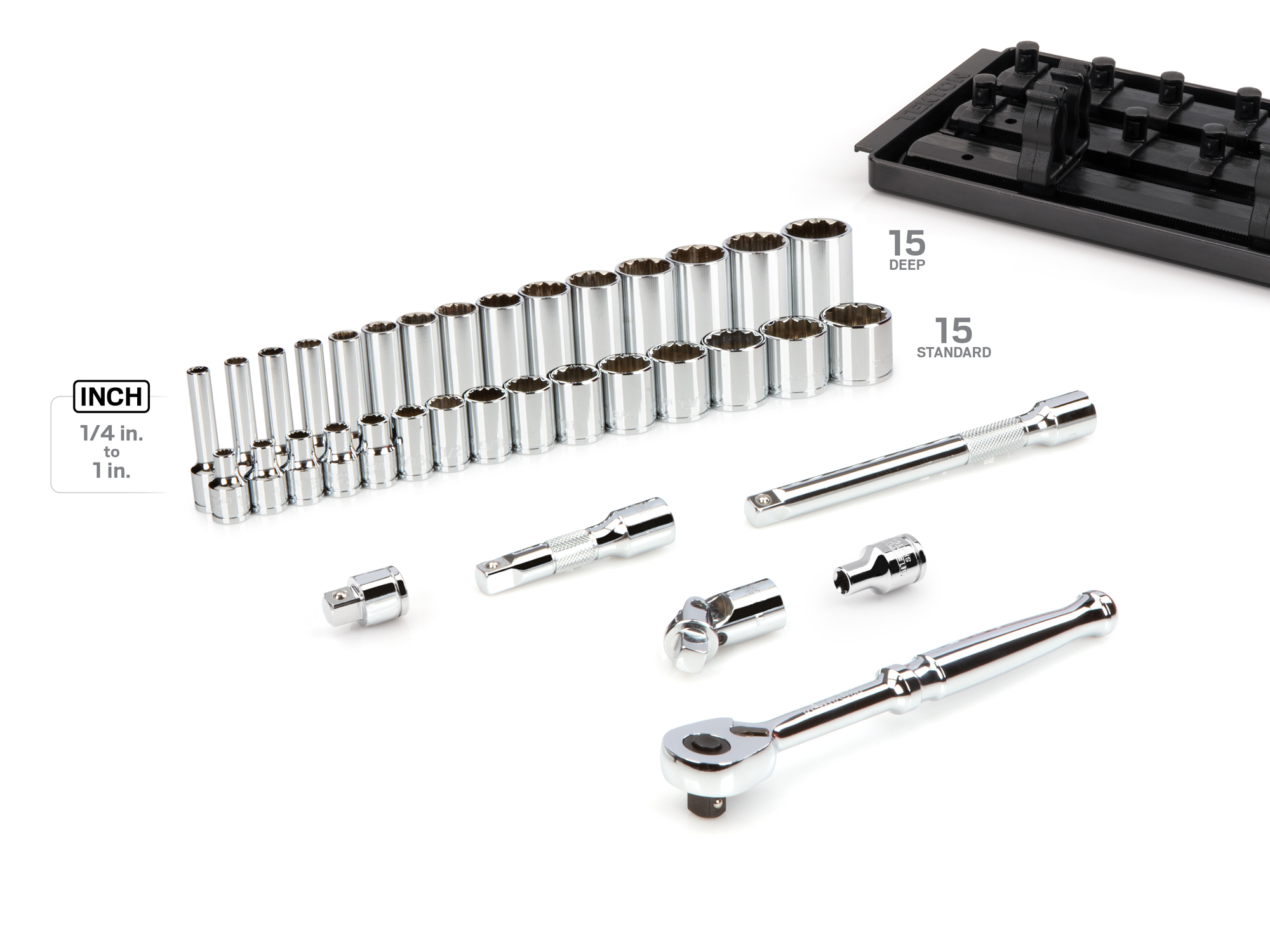 Includes 3/8 inch drive 12pt. sockets: 1/4-1 in. (SAE) in standard- and deep-length, plus a 90-tooth ratchet, universal joint, magnetic hex bit holder, extensions, and storage rails. No skipped sizes. SKT13102.