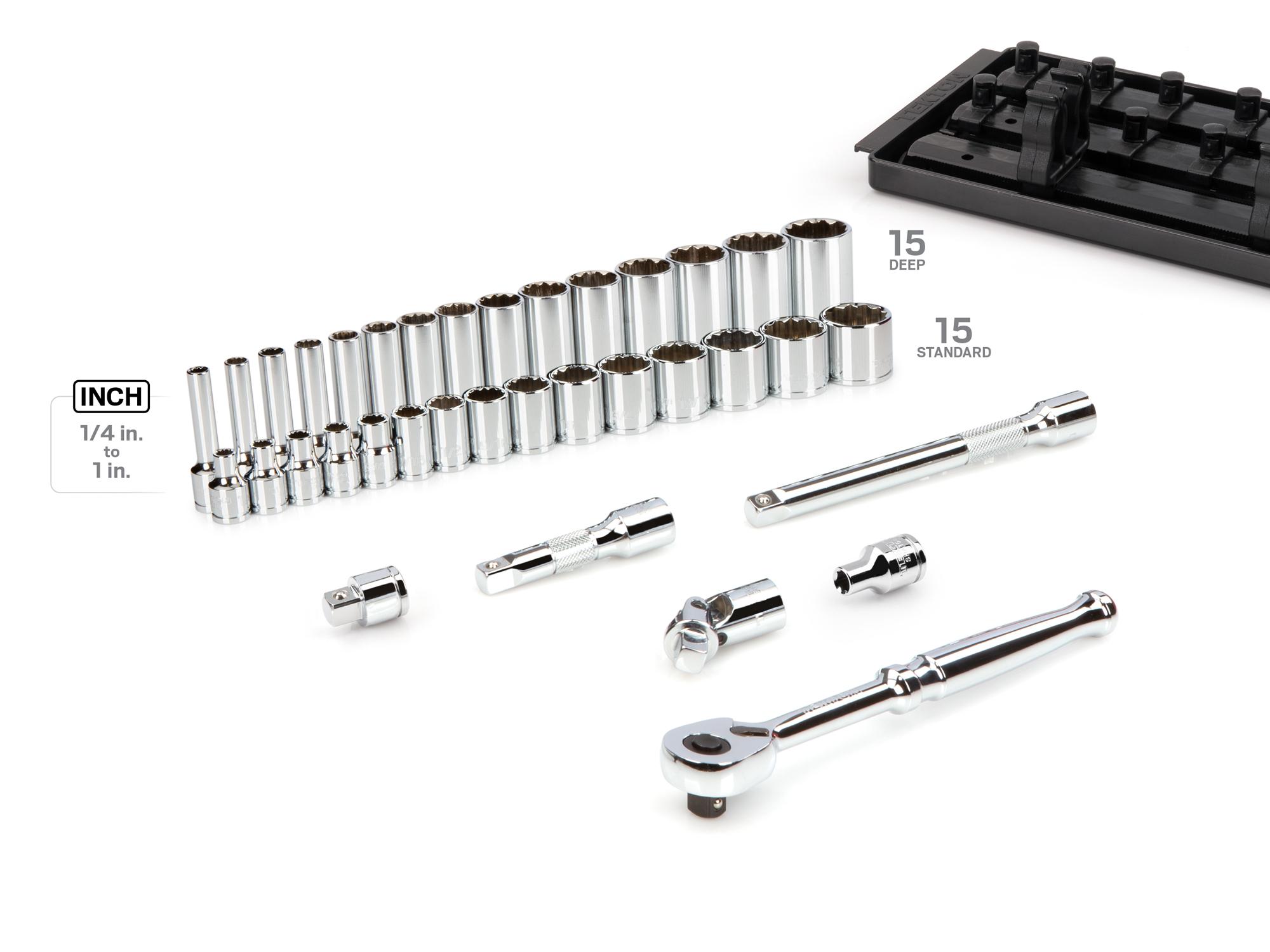 Laid out contents of Tekton rail hand drive 12-point socket set. Item #SKT13102
