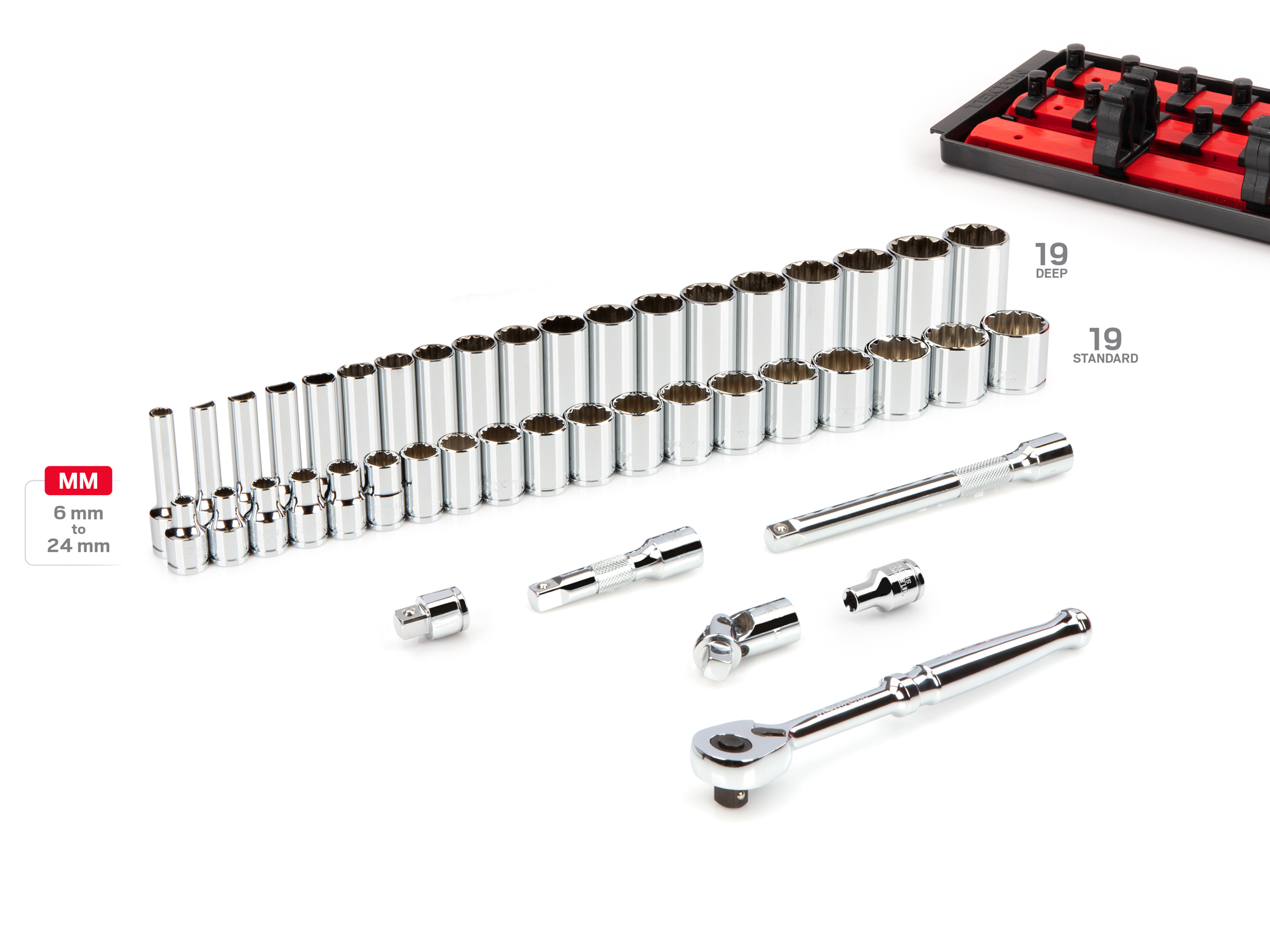 Includes 3/8 inch drive 12pt. sockets: 6-24 mm (Metric) in standard- and deep-length, plus a 90-tooth ratchet, universal joint, magnetic hex bit holder, extensions, and storage rails. No skipped sizes. SKT13202.