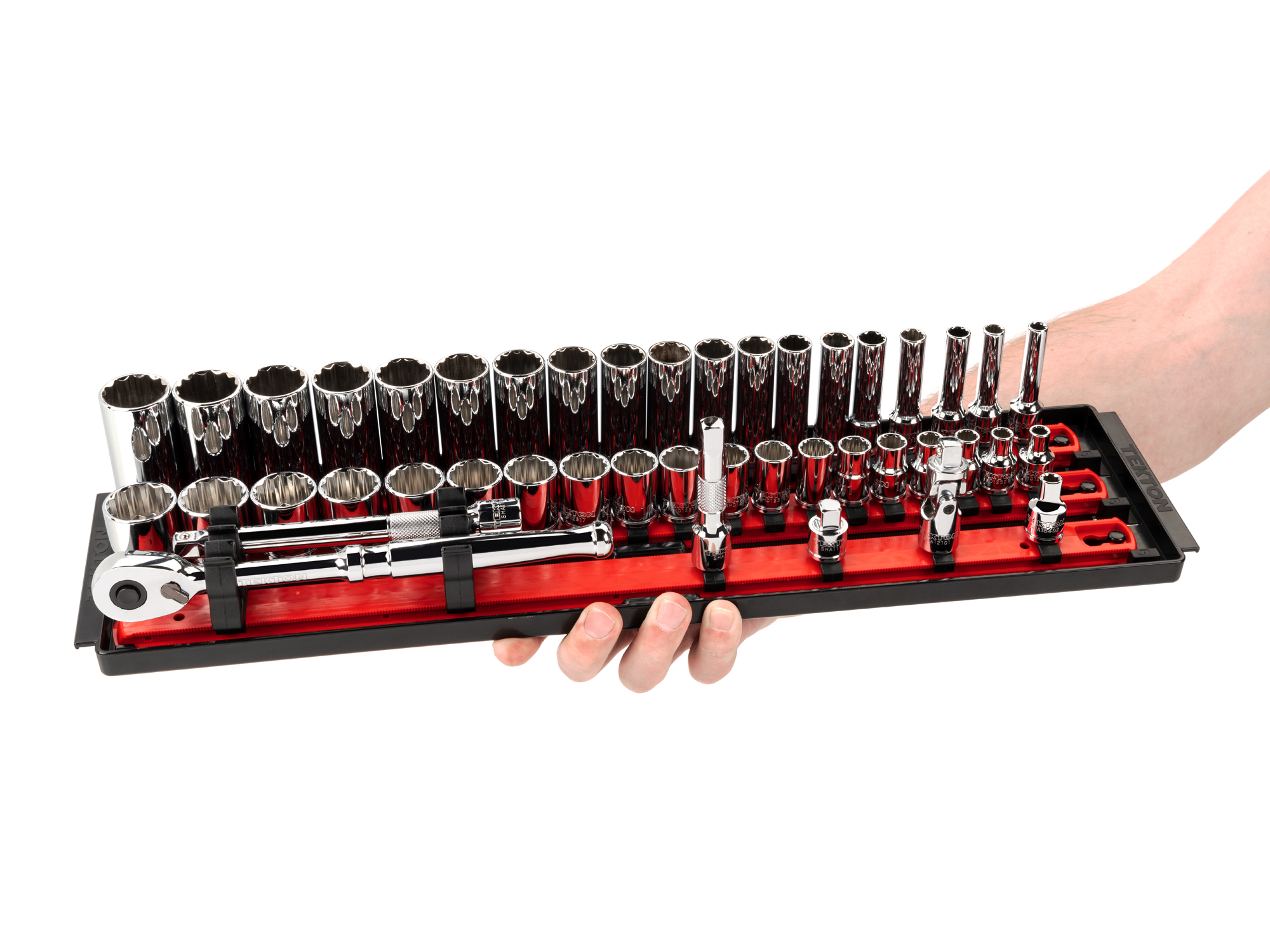 Includes 3/8 inch drive 12pt. sockets: 6-24 mm (Metric) in standard- and deep-length, plus a 90-tooth ratchet, universal joint, magnetic hex bit holder, extensions, and storage rails. No skipped sizes. SKT13202.