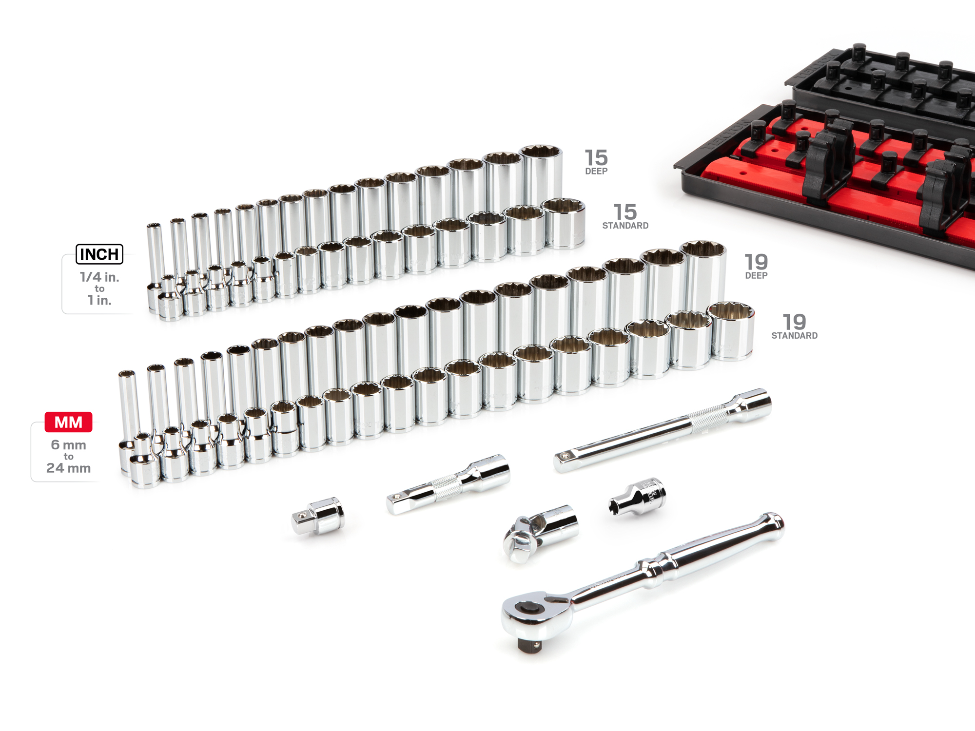 Includes 3/8 inch drive 12pt. sockets: 1/4-1 in. (SAE), 6-24 mm (Metric) in standard- and deep-length, plus a 90-tooth ratchet, universal joint, magnetic hex bit holder, extensions, and storage rails. No skipped sizes. SKT13302.