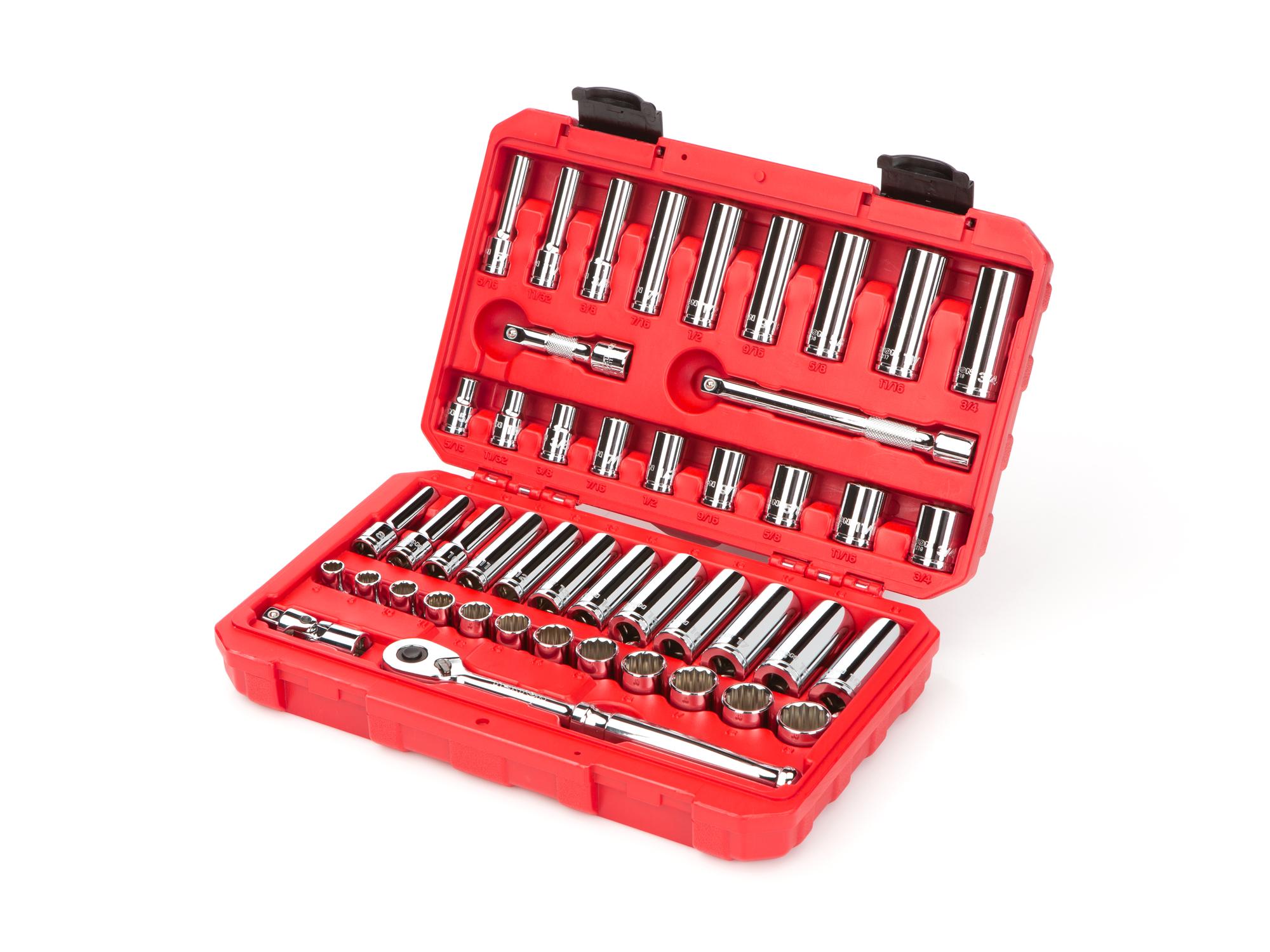 Front-right angle view of Tekton case hand drive 12-point socket set. Item #SKT15302