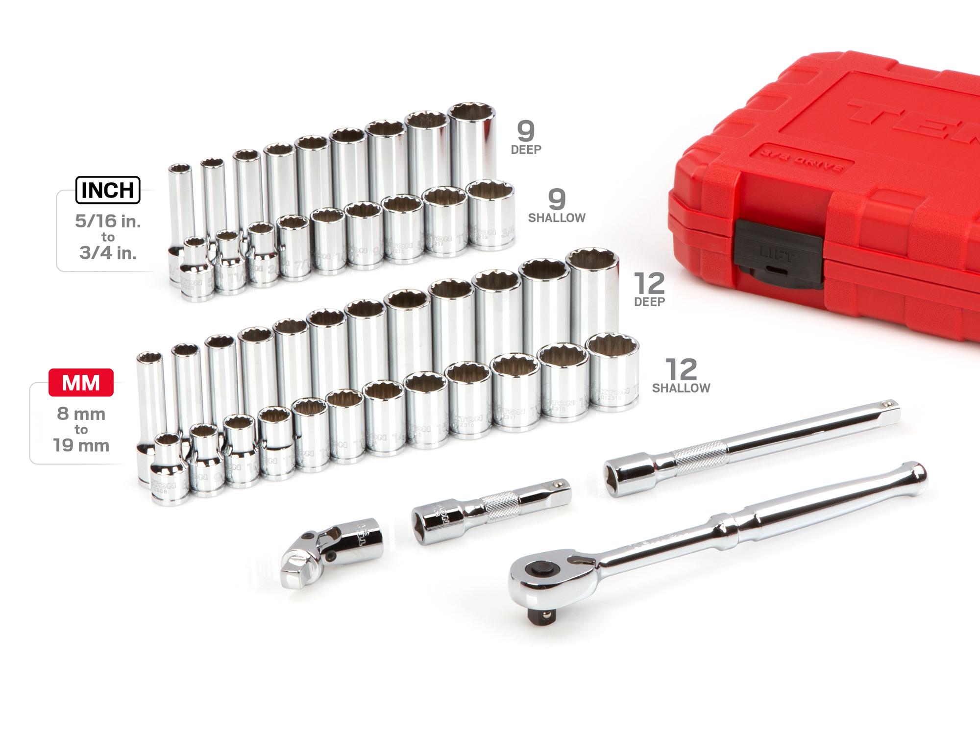 Laid out contents of Tekton case hand drive 12-point socket set. Item #SKT15302