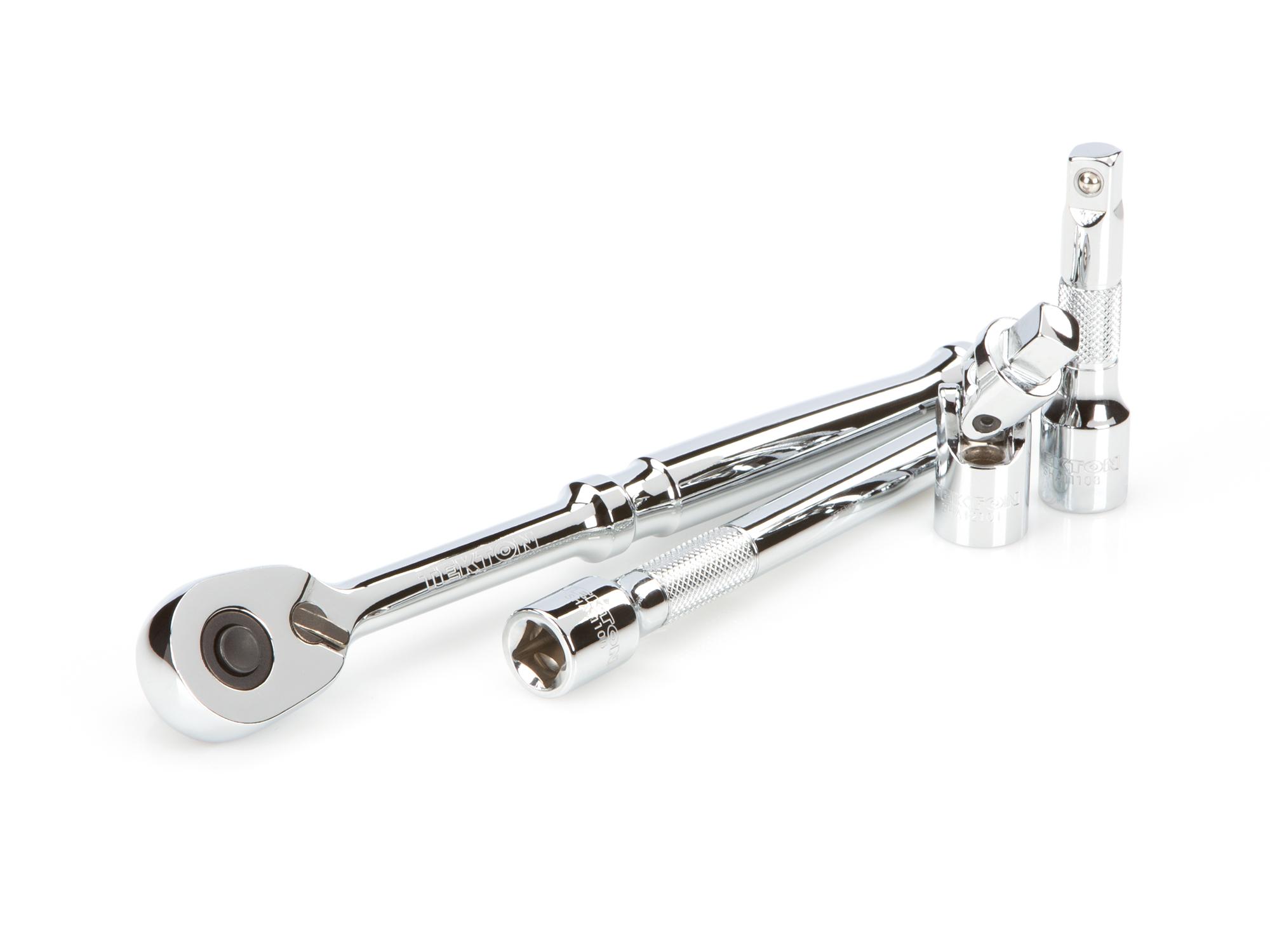 Laid out contents of Tekton case hand drive 12-point socket set. Item #SKT15302
