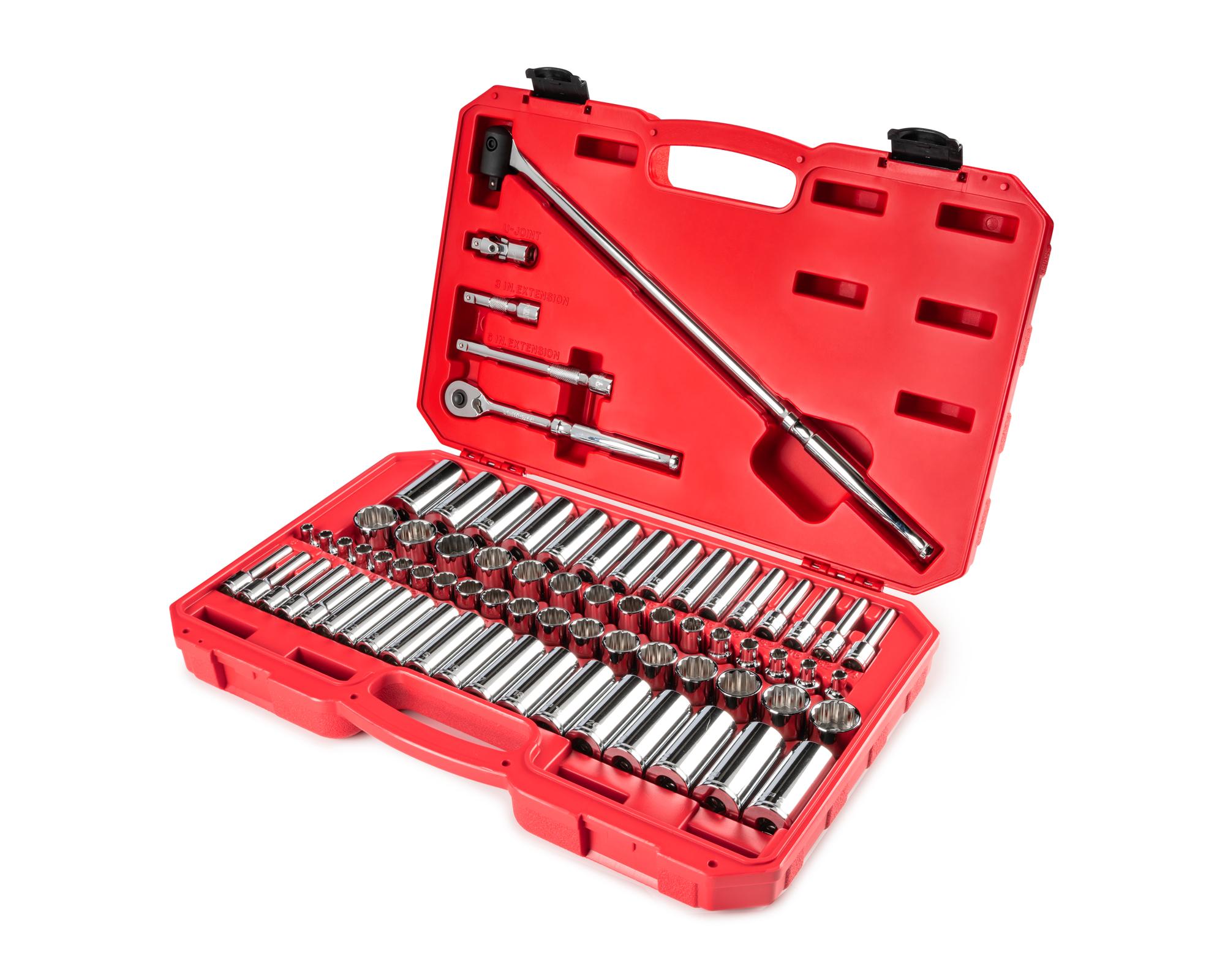 Front-right angle view of Tekton case hand drive 12-point socket set. Item #SKT15312