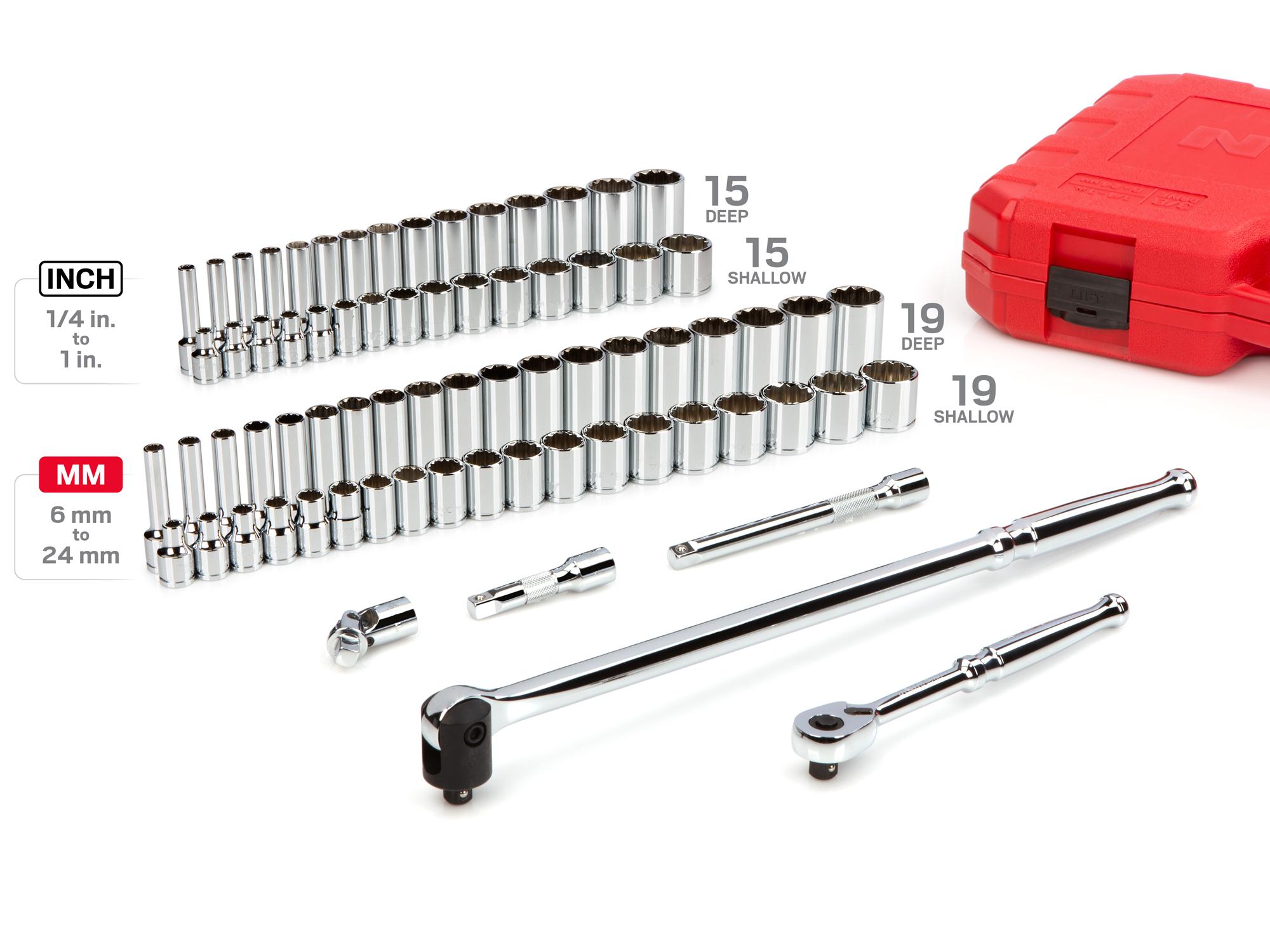 Laid out contents of Tekton case hand drive 12-point socket set. Item #SKT15312