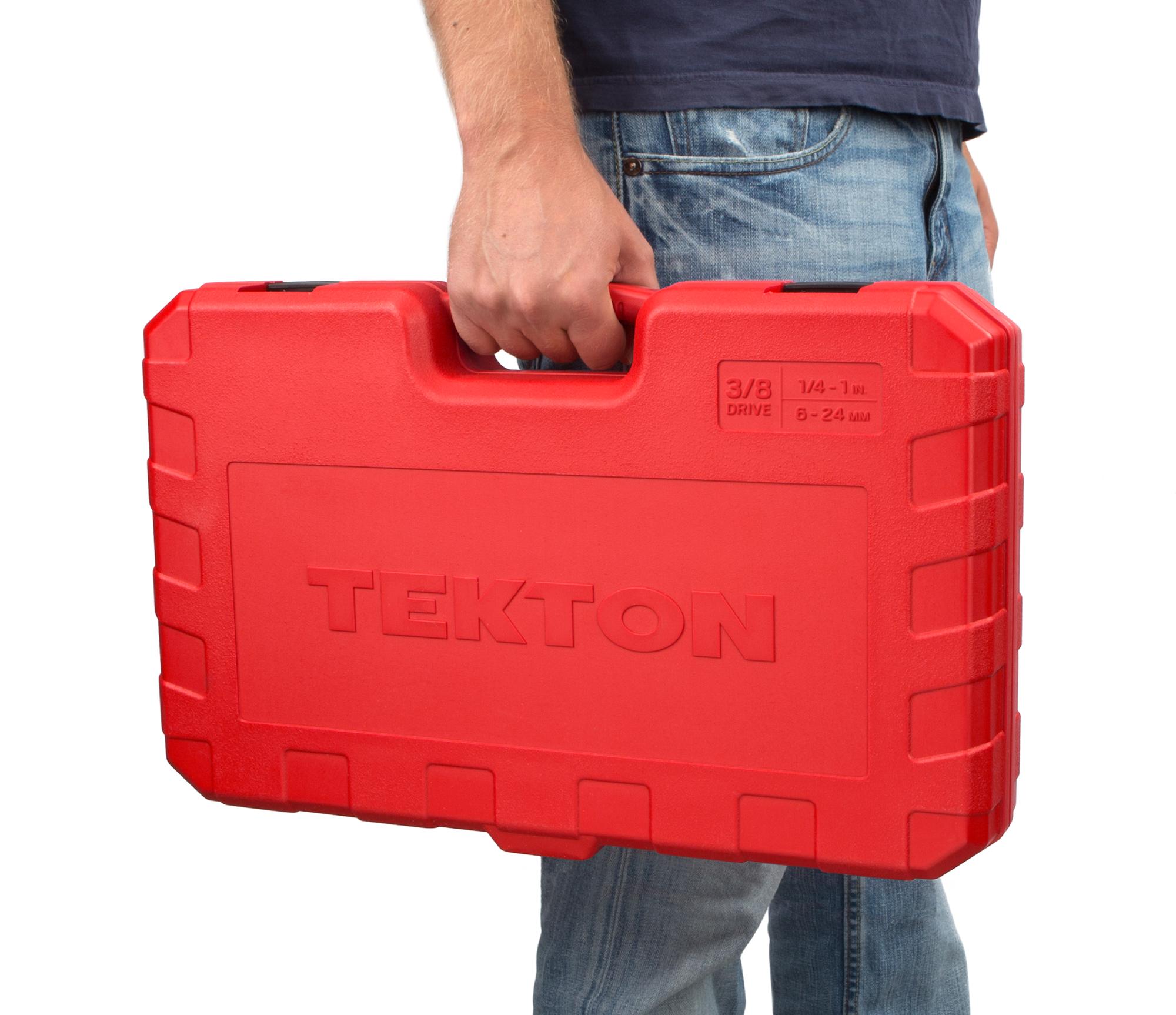 Person holding Tekton case hand drive 12-point socket set. Item #SKT15312