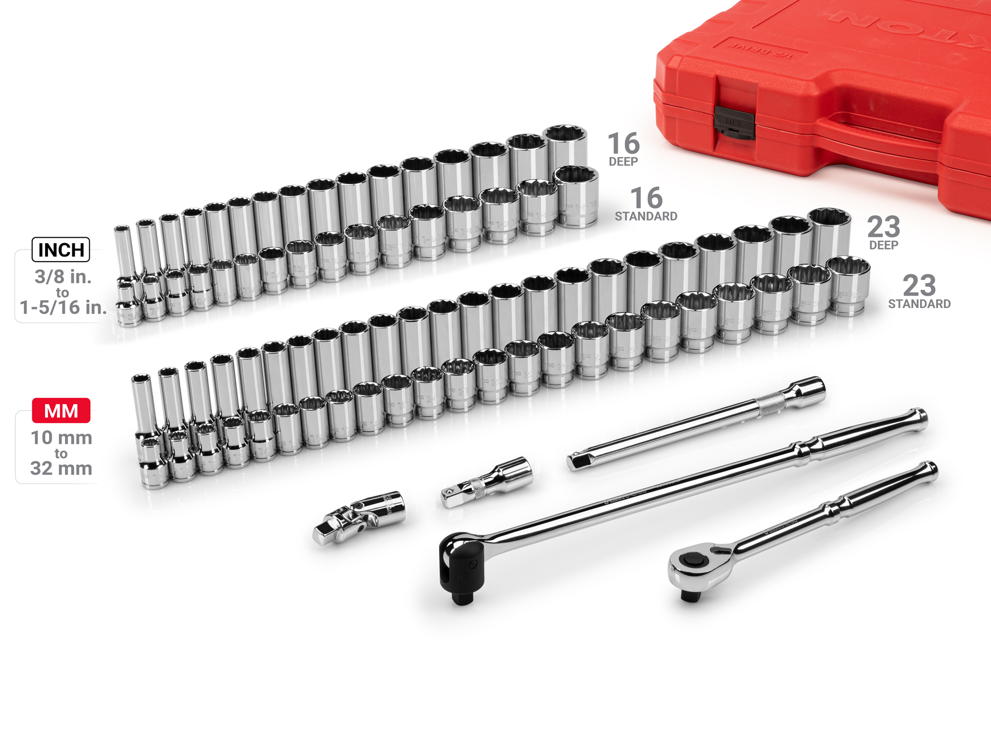 Set includes 3/8–1-5/16 inch (SAE), 10–32 mm (metric) 12-point standard and deep length sockets, 90-tooth ratchet, breaker bar, and accessories. No skipped sizes. SKT25316.