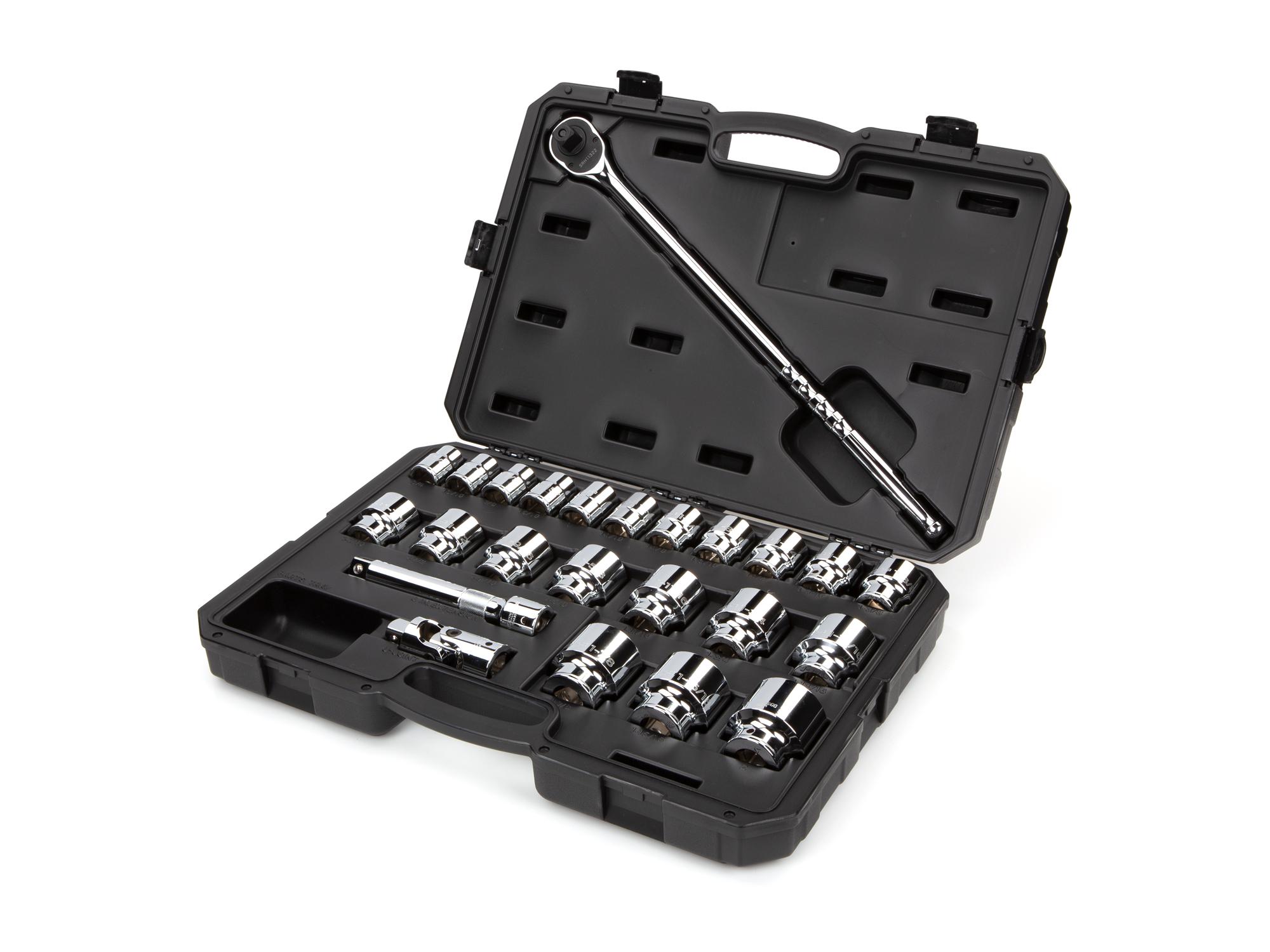 Front-right angle view of Tekton case hand drive 12-point socket set. Item #SKT35105