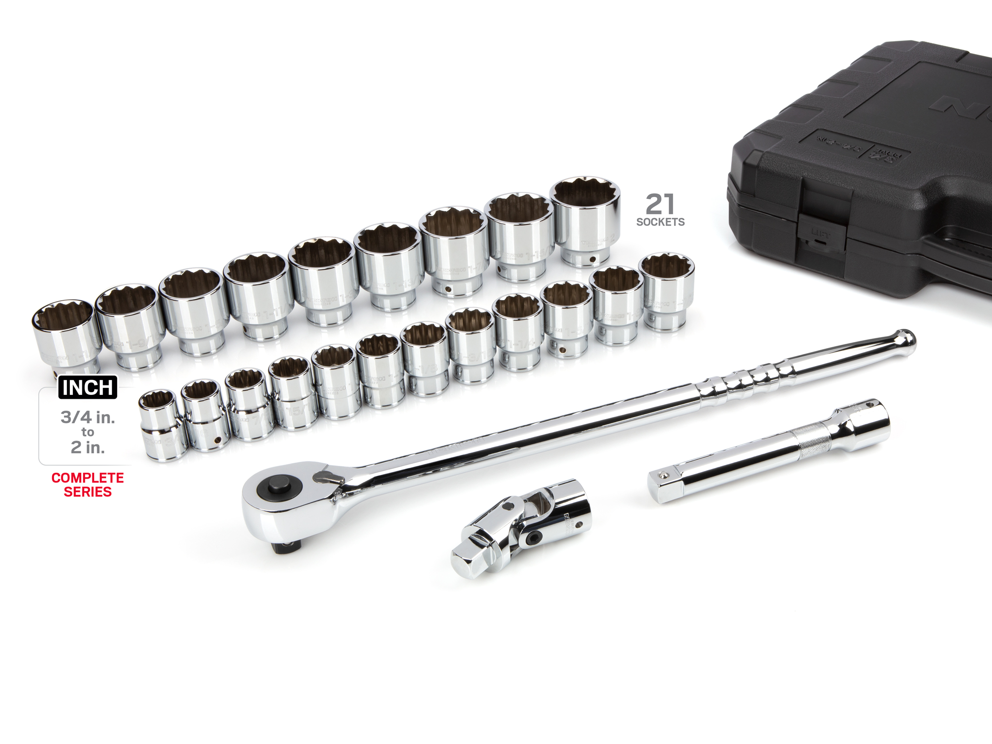 Includes: 3/4-2 inch (SAE) 12-point deep chrome sockets with large stamped markings for visibility, 72-tooth ratchet, extension, universal joint, and case. No skipped sizes. SKT35105