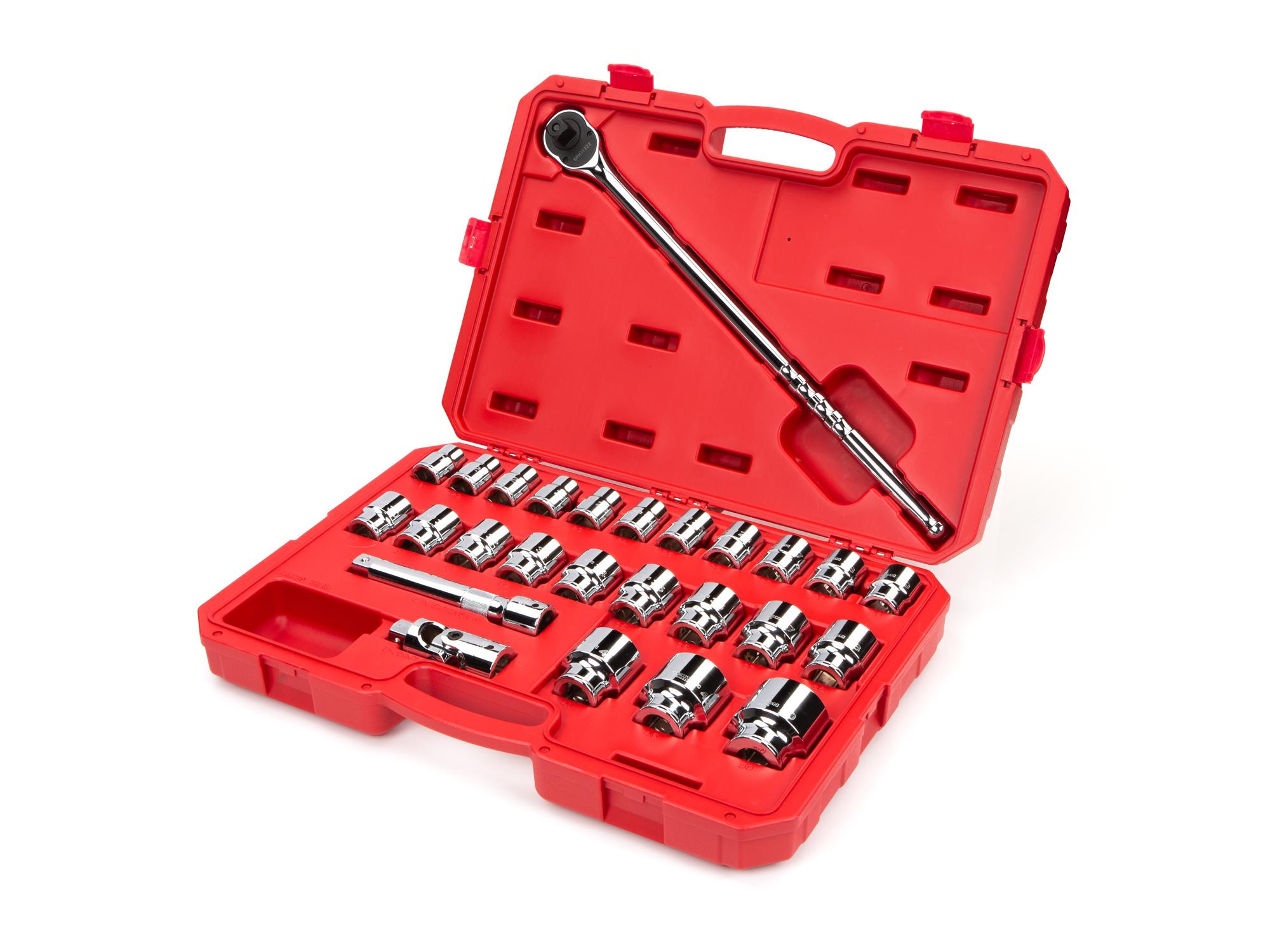Front-right angle view of Tekton case hand drive 12-point socket set. Item #SKT35205