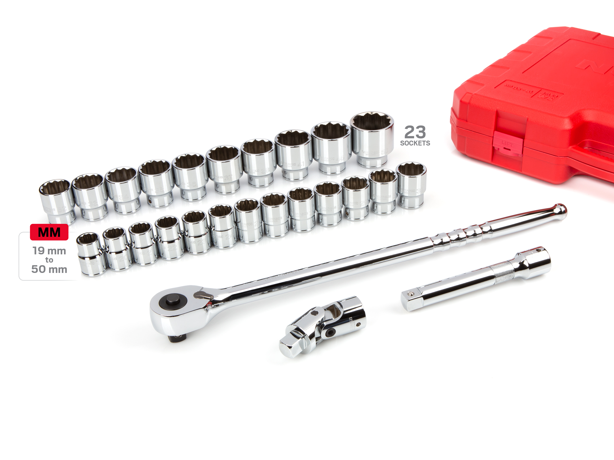 Includes: 19-50 mm (Metric) 12-point chrome sockets with large stamped markings for visibility, 72-tooth ratchet, extension, universal joint, and storage case.