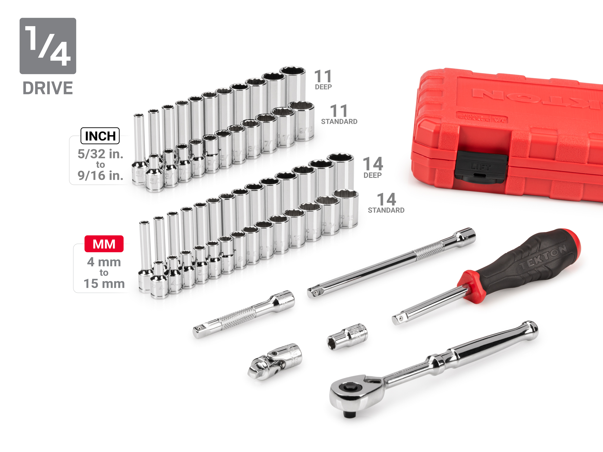 Set includes 5/32–1-5/16 inch (SAE) and 4–32 mm (metric) standard and deep length 12-point sockets and accessories. No skipped sizes. SKT95306.