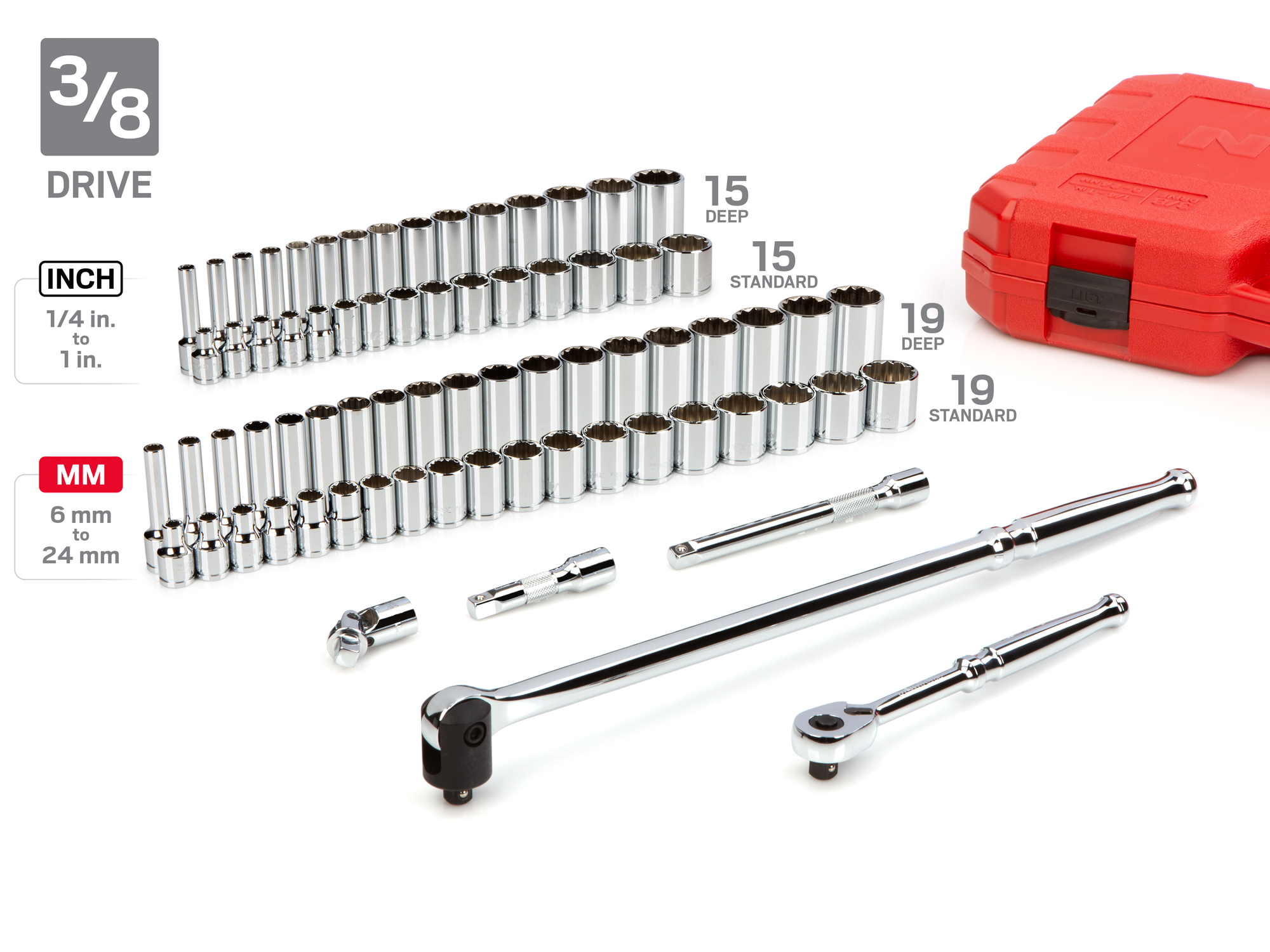 Set includes 5/32–1-5/16 inch (SAE) and 4–32 mm (metric) standard and deep length 12-point sockets and accessories. No skipped sizes. SKT95306.