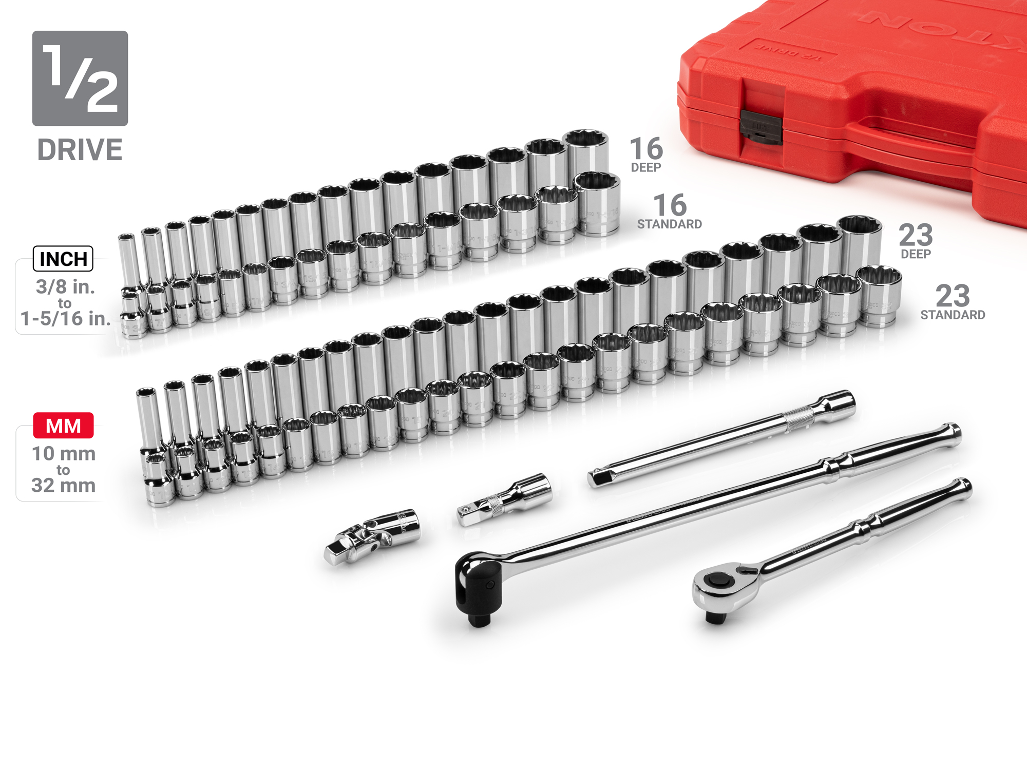 Set includes 5/32–1-5/16 inch (SAE) and 4–32 mm (metric) standard and deep length 12-point sockets and accessories. No skipped sizes. SKT95306.