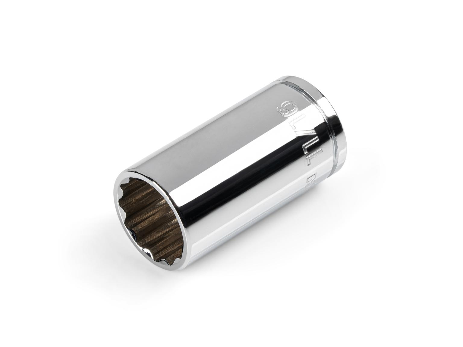 Front-right angle view of Tekton 11/16 inch hand drive 12-point socket. Item #SHD14217