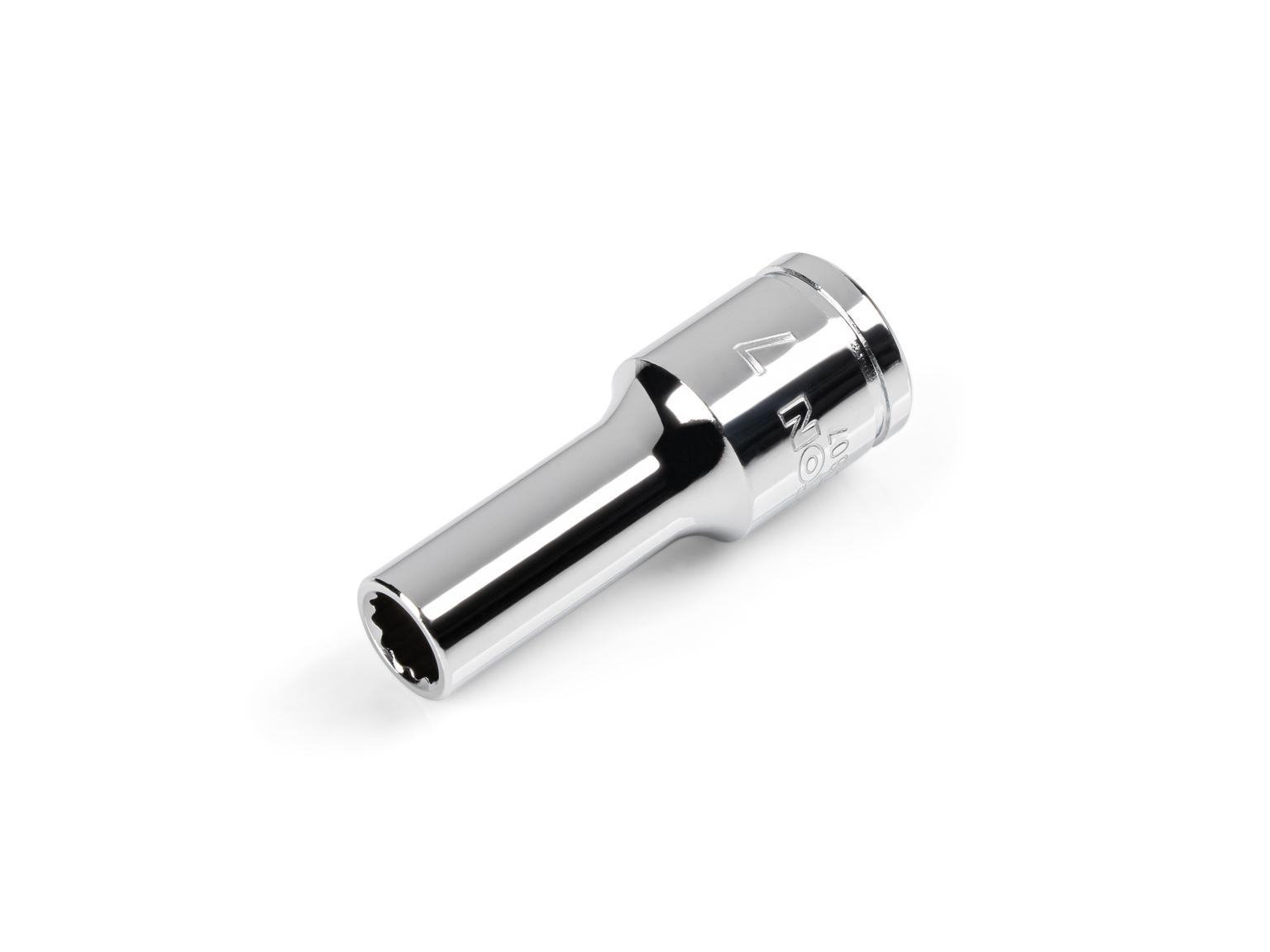 Front-right angle view of Tekton 7 millimeter hand drive 12-point socket. Item #SHD14307