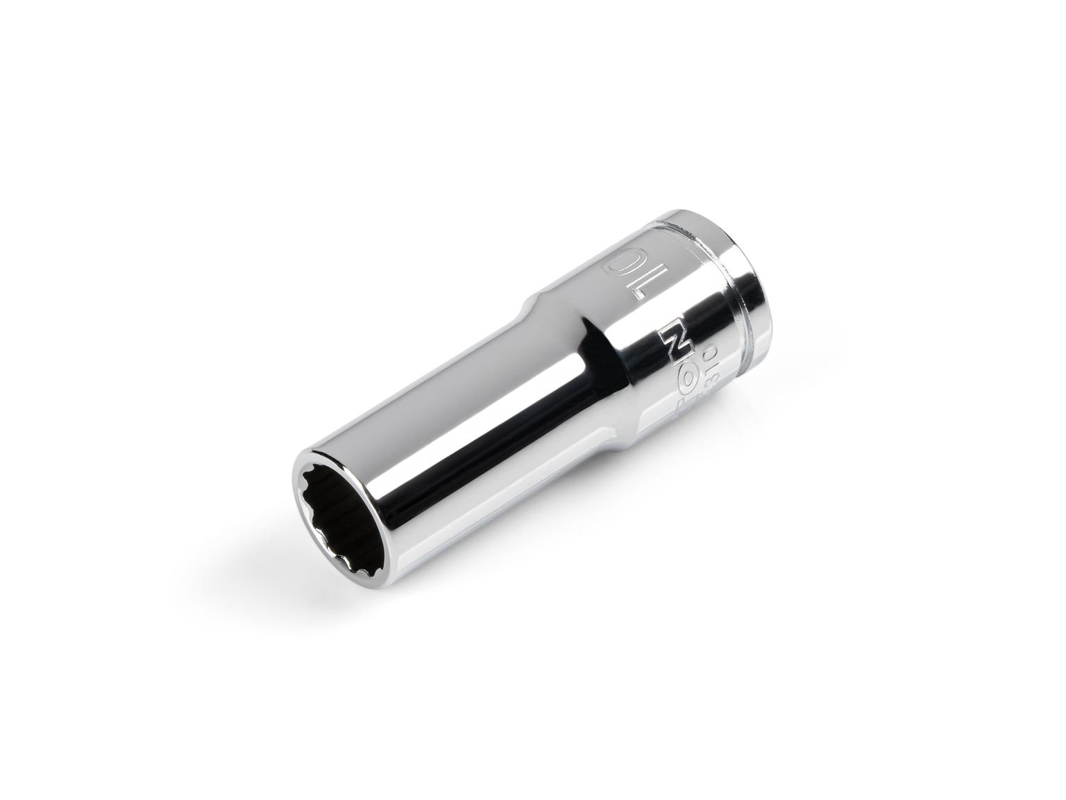 Front-right angle view of Tekton 10 millimeter hand drive 12-point socket. Item #SHD14310