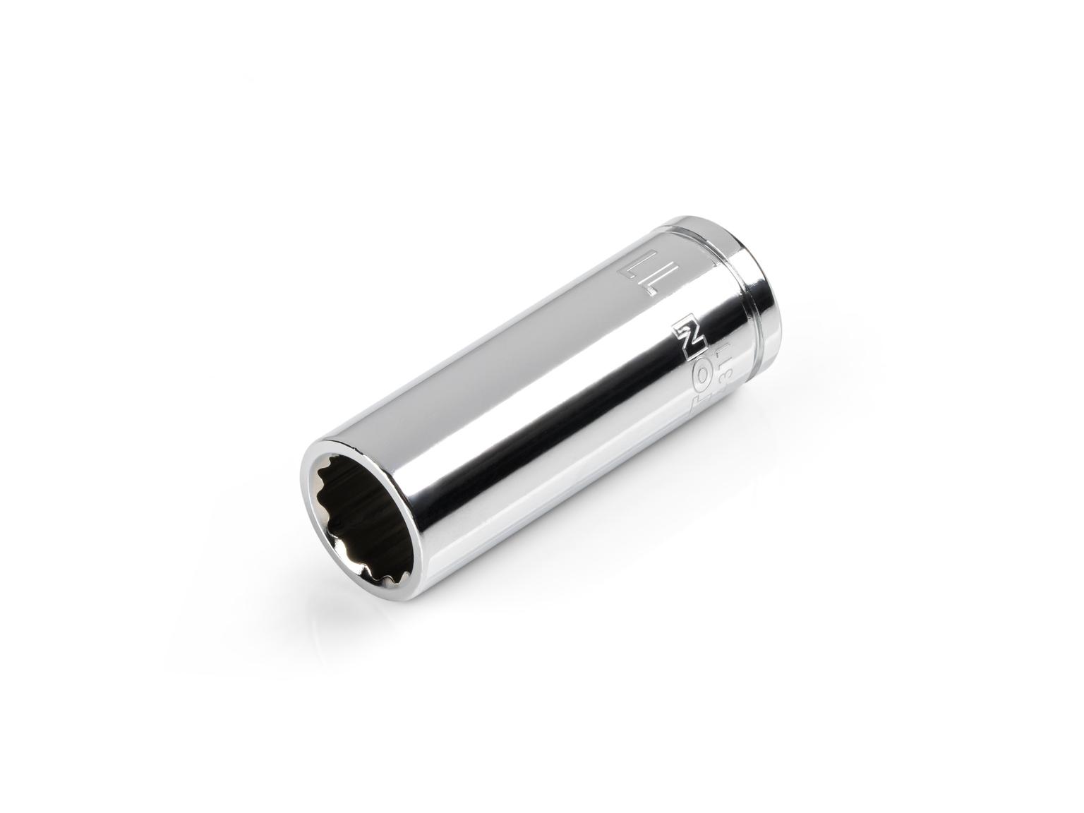 Front-right angle view of Tekton 11 millimeter hand drive 12-point socket. Item #SHD14311