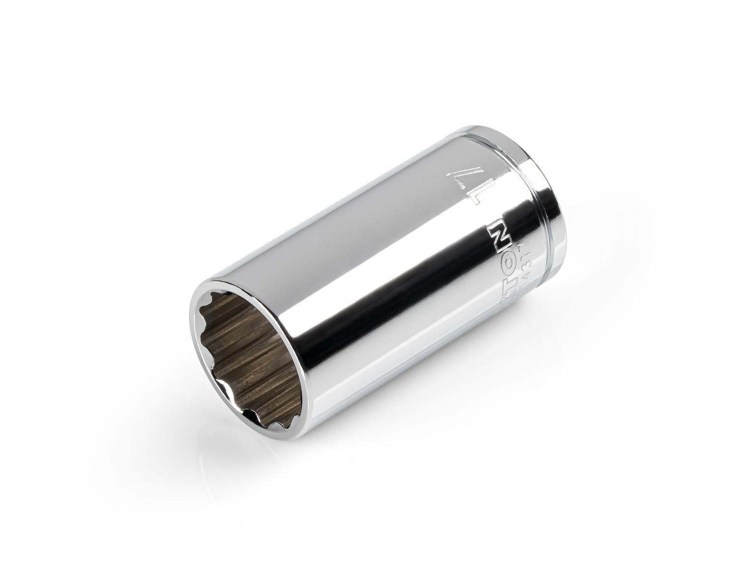 Front-right angle view of Tekton 17 millimeter hand drive 12-point socket. Item #SHD14317