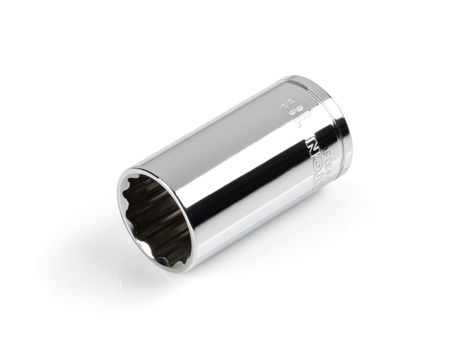 Front-right angle view of Tekton 18 millimeter hand drive 12-point socket. Item #SHD14318