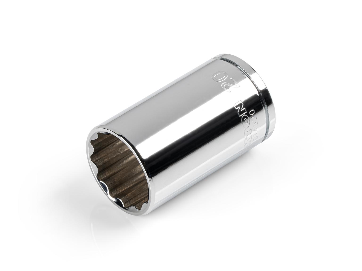 Front-right angle view of Tekton 20 millimeter hand drive 12-point socket. Item #SHD14320