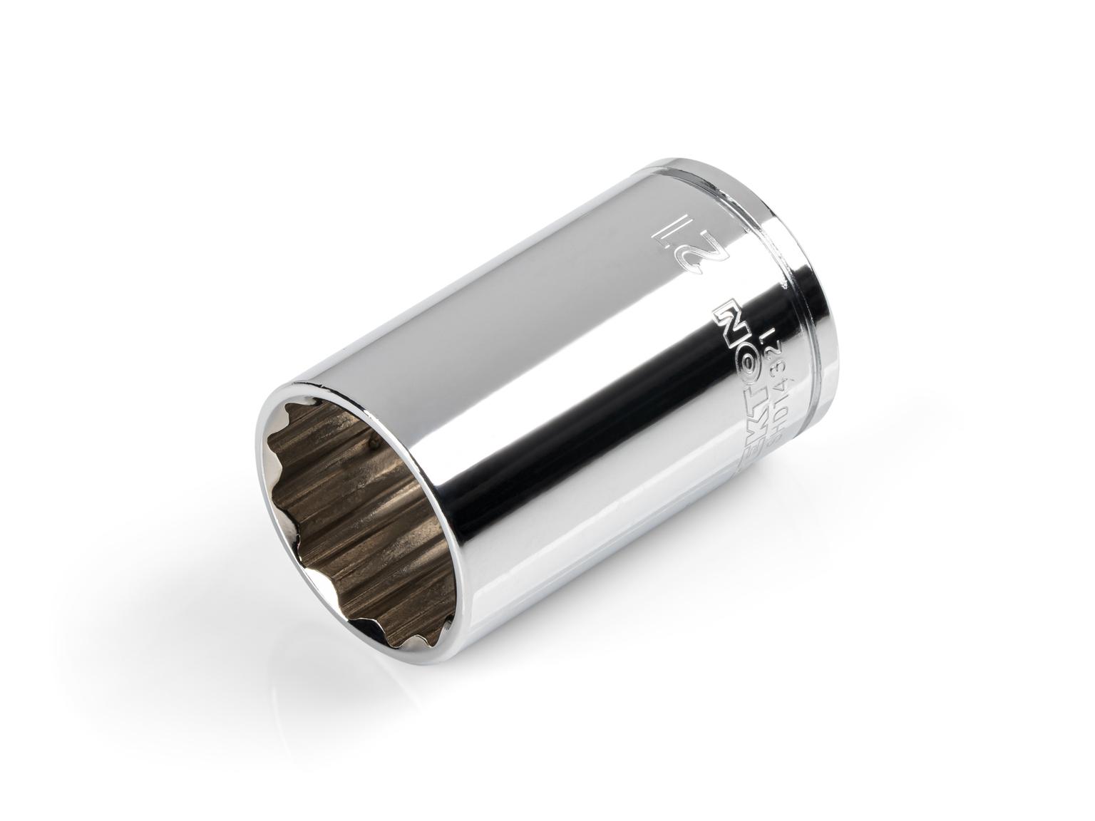 Front-right angle view of Tekton 21 millimeter hand drive 12-point socket. Item #SHD14321