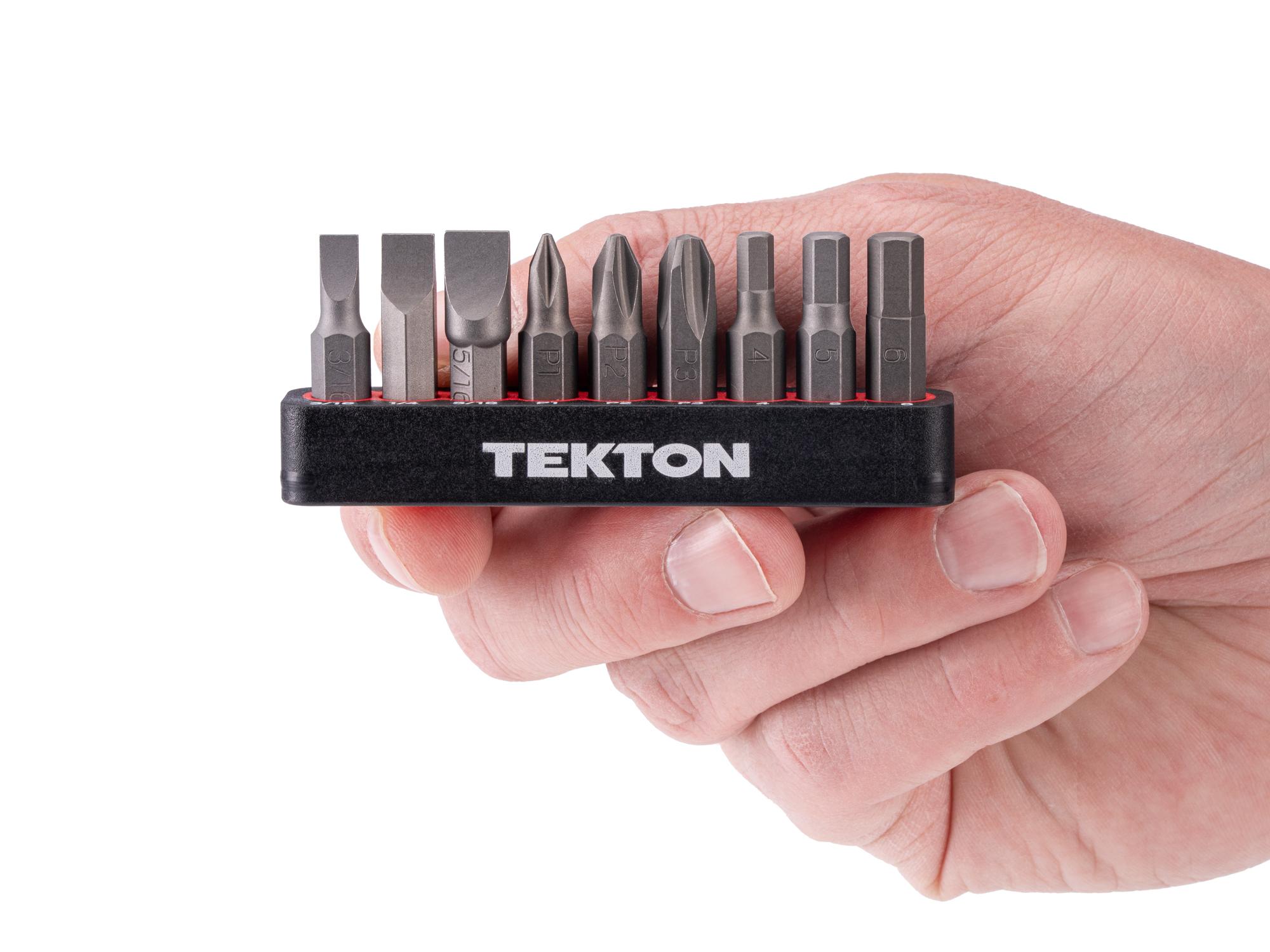 Person holding Tekton rail bit set set. Item #DZZ93004