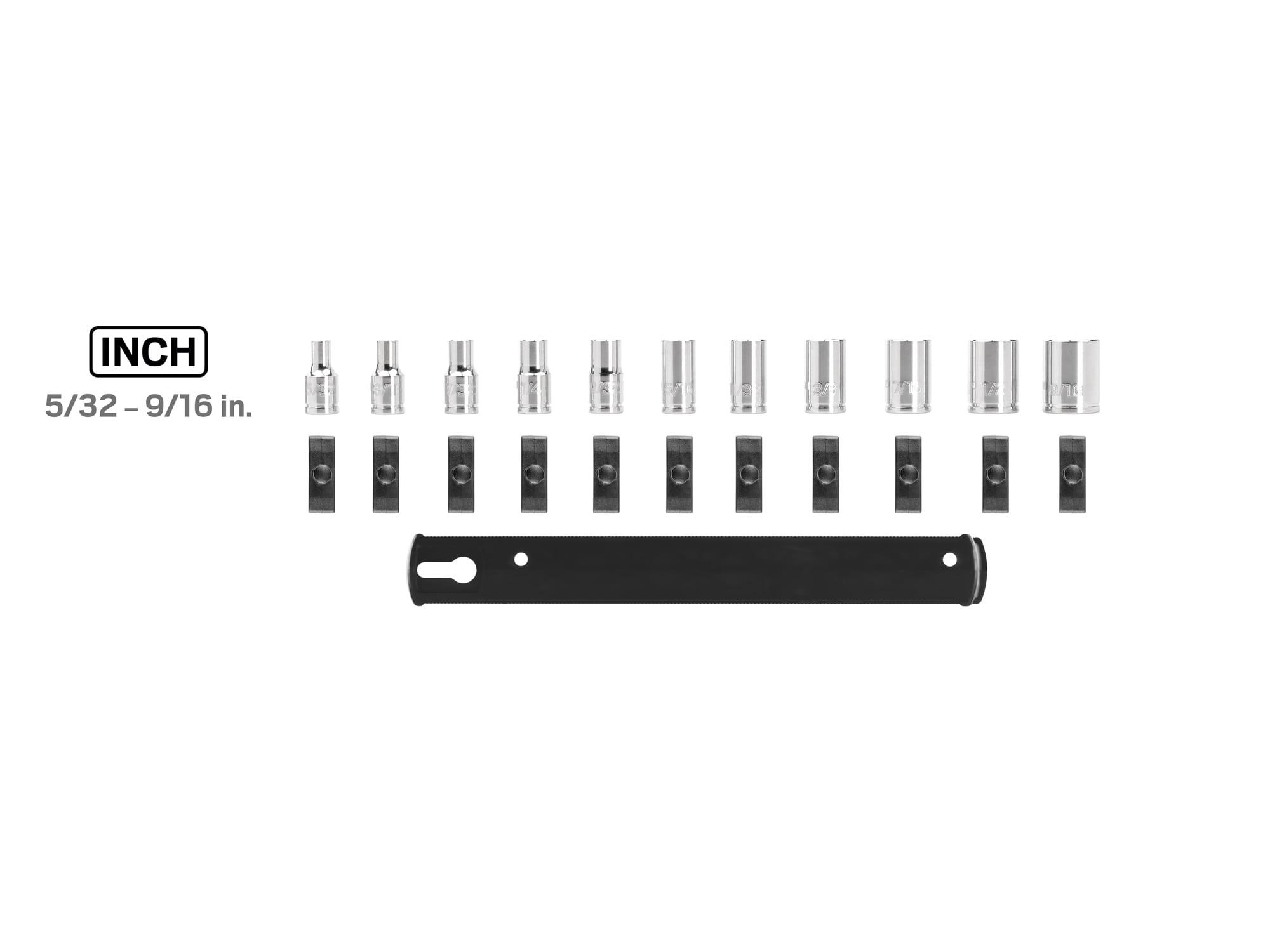 Laid out contents of Tekton rail hand drive 6-point socket set. Item #SHD90101