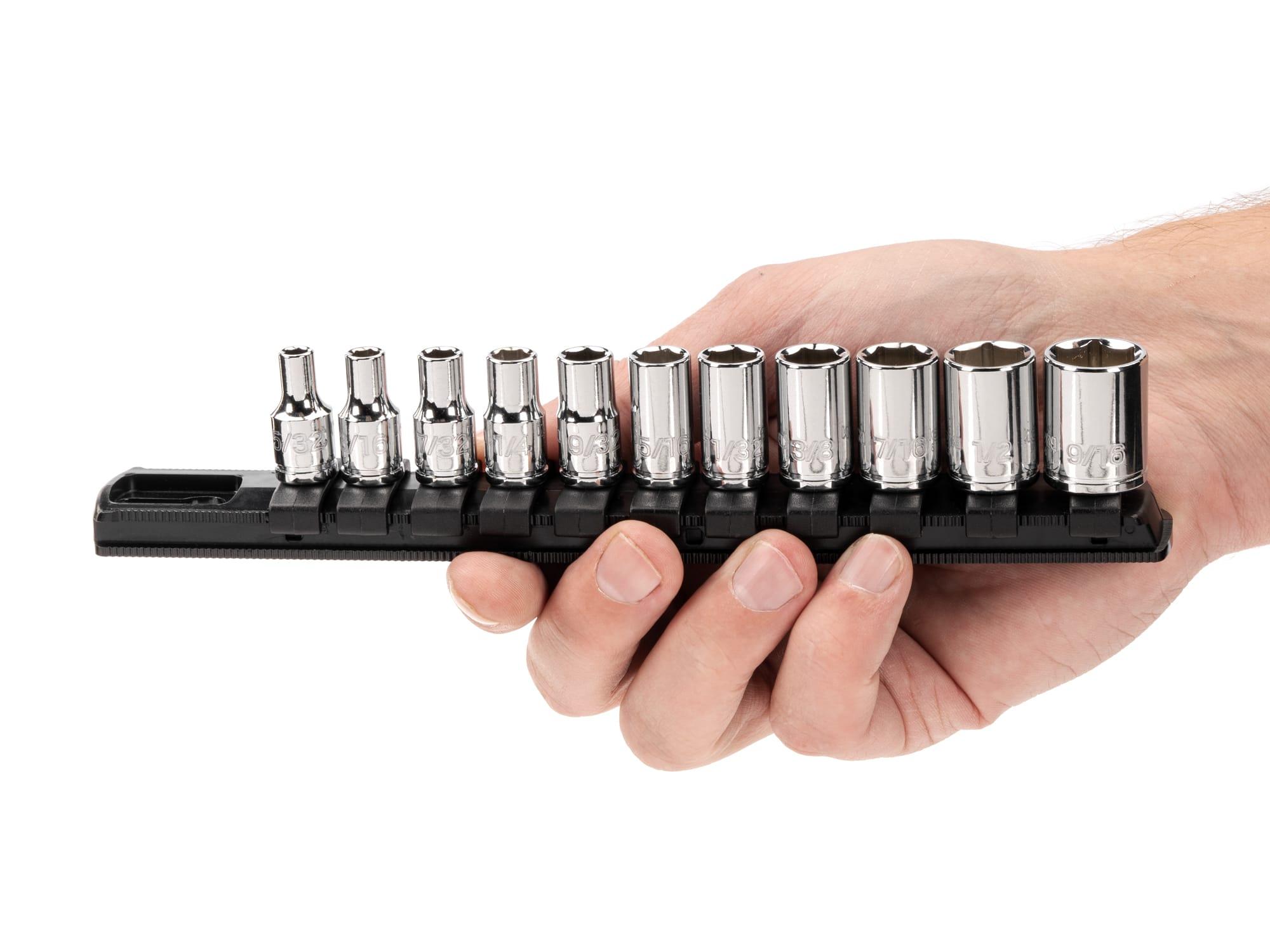 Person holding Tekton rail hand drive 6-point socket set. Item #SHD90101