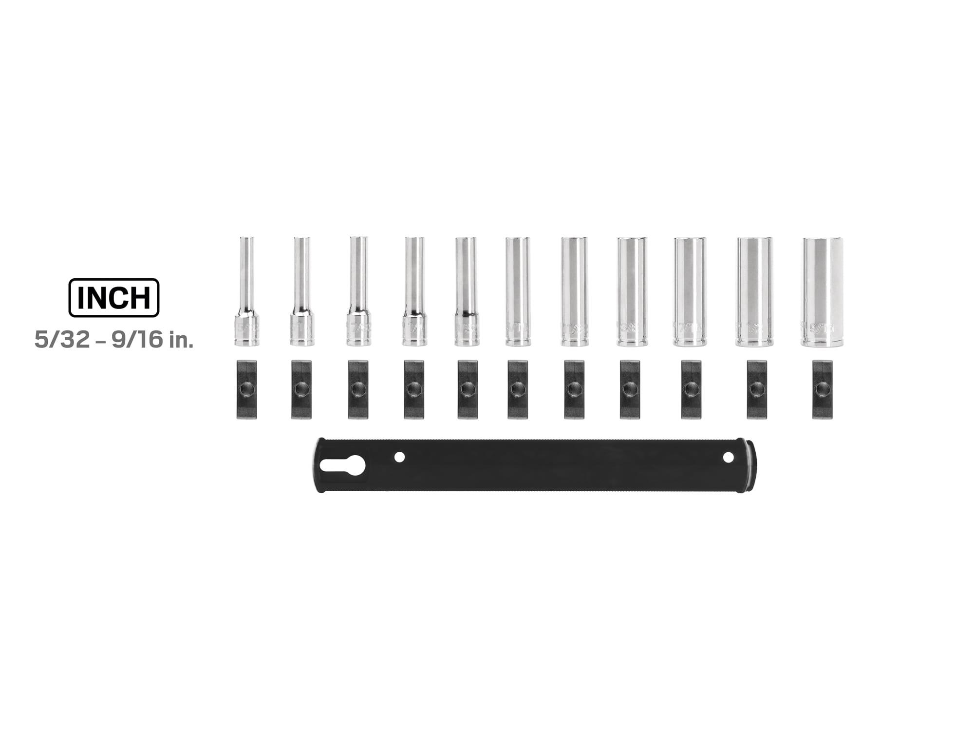Laid out contents of Tekton rail hand drive 6-point socket set. Item #SHD90105