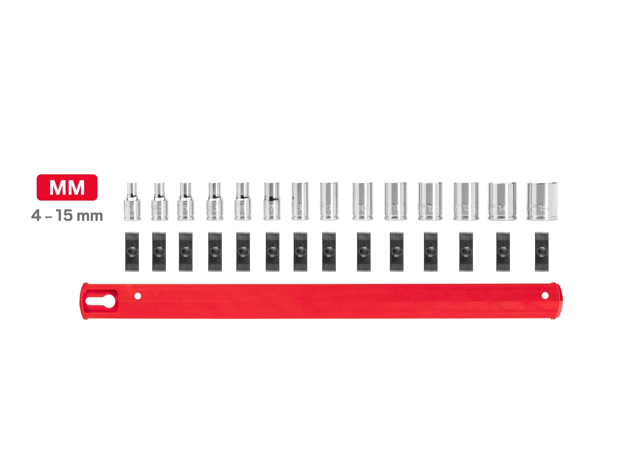 Laid out contents of Tekton rail hand drive 6-point socket set. Item #SHD90111