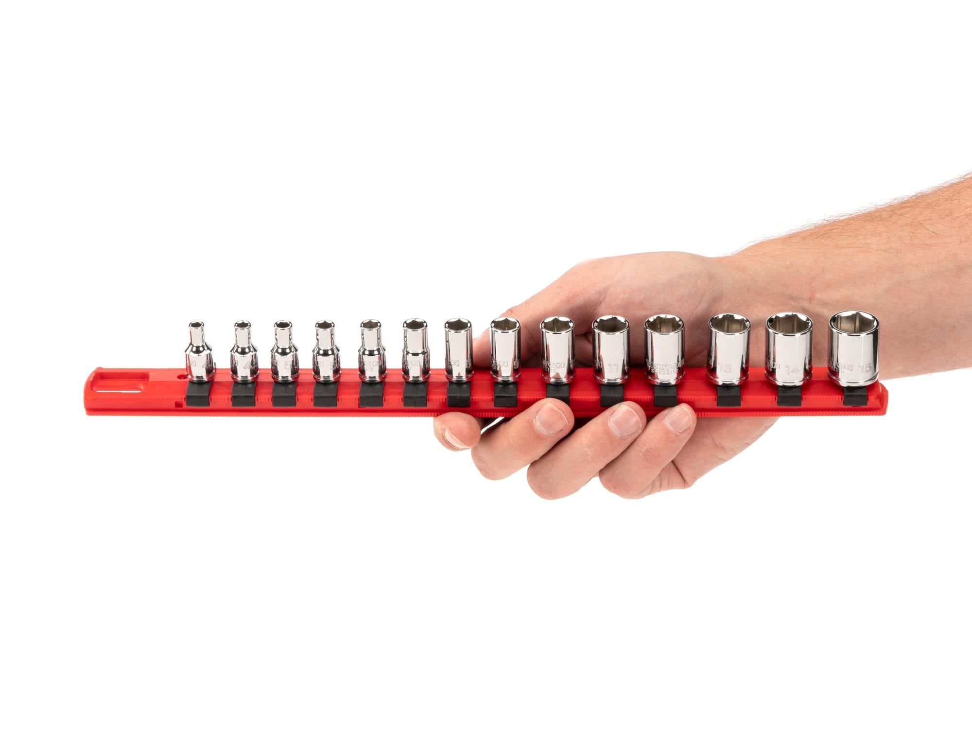 Person holding Tekton rail hand drive 6-point socket set. Item #SHD90111