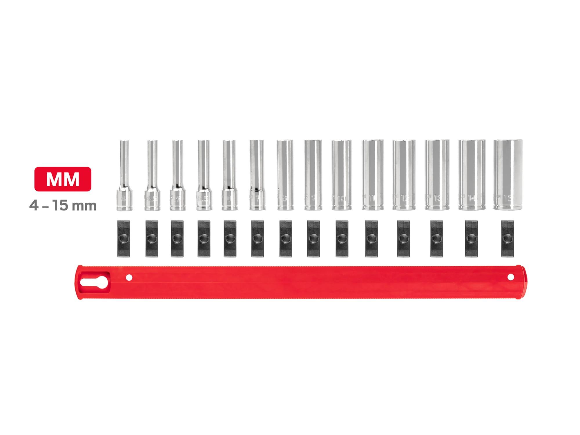 Laid out contents of Tekton rail hand drive 6-point socket set. Item #SHD90113
