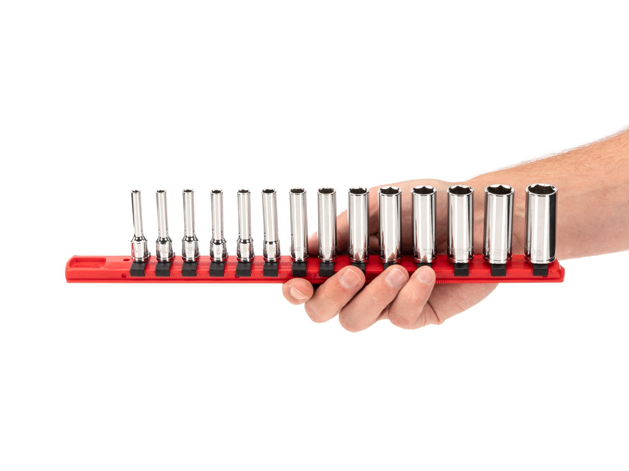 Person holding Tekton rail hand drive 6-point socket set. Item #SHD90113