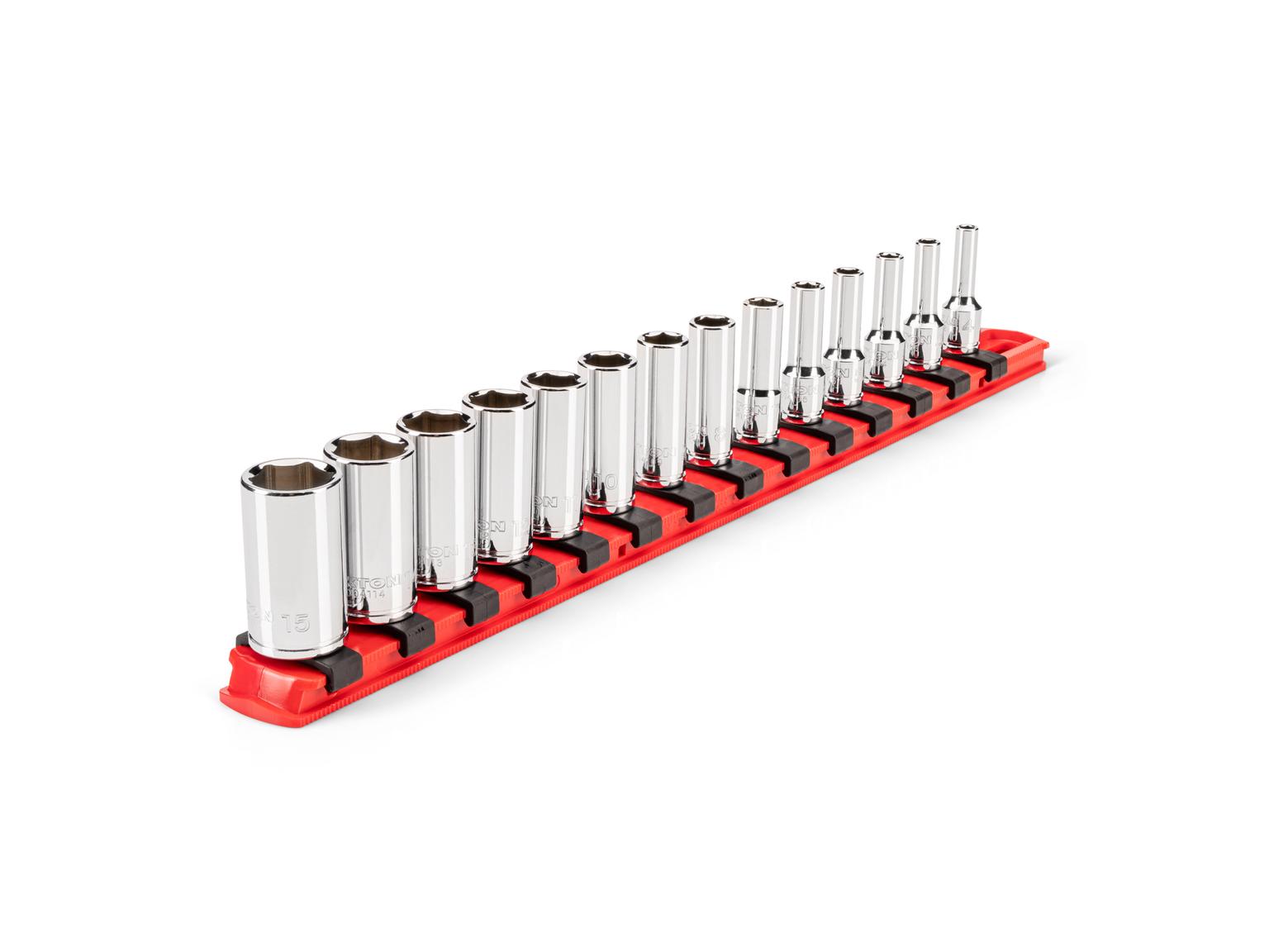 TEKTON 1/4 Inch Drive Semi-Deep 6-Point Socket Set with Rail, 14-Piece (4 - 15 mm)